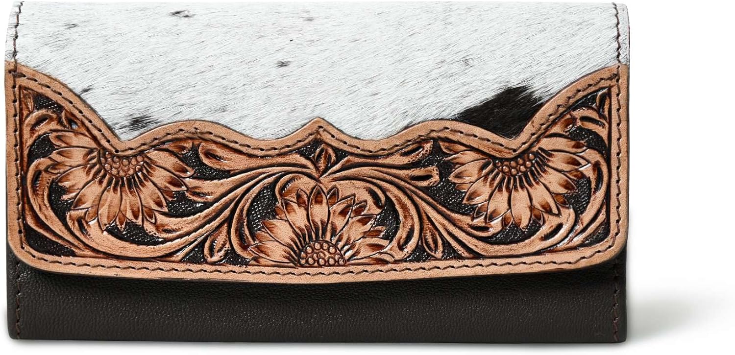 Merbaa Sundown Stash Tooled Leather Cowhide Hair On Trifold Wallet for Women RFID Blocking Wallet