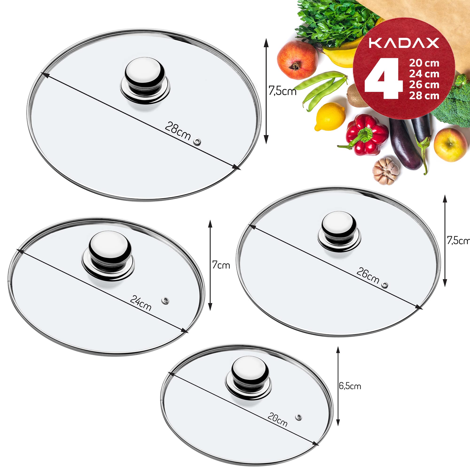 KADAX Set di 4 coperchi in vetro, con manico in metallo, Ø 20/24/26/28 cm, resistenti al calore, per pentole e padelle, mantiene il calore e riduce gli schizzi