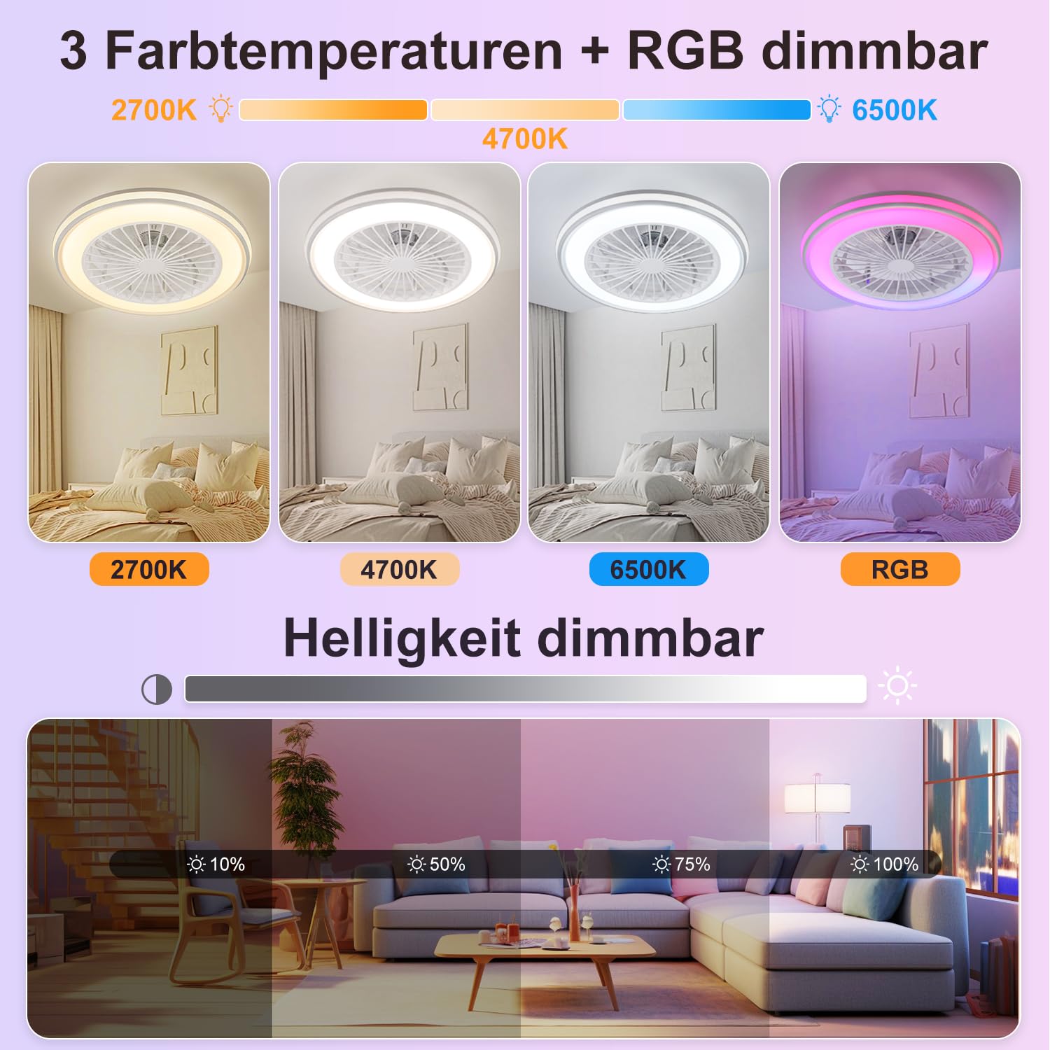 Deckenleuchte mit Ventilator, leise, RGB, Bluetooth-Musik 40W