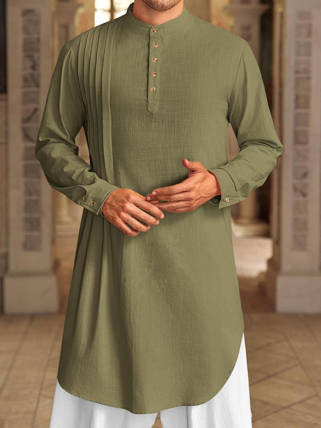 Runcati Mens Kaftan Thobe Cotton Linen Henley Shirt Long Sleeve Robe Casual Muslim Gown Kurta - Image 2