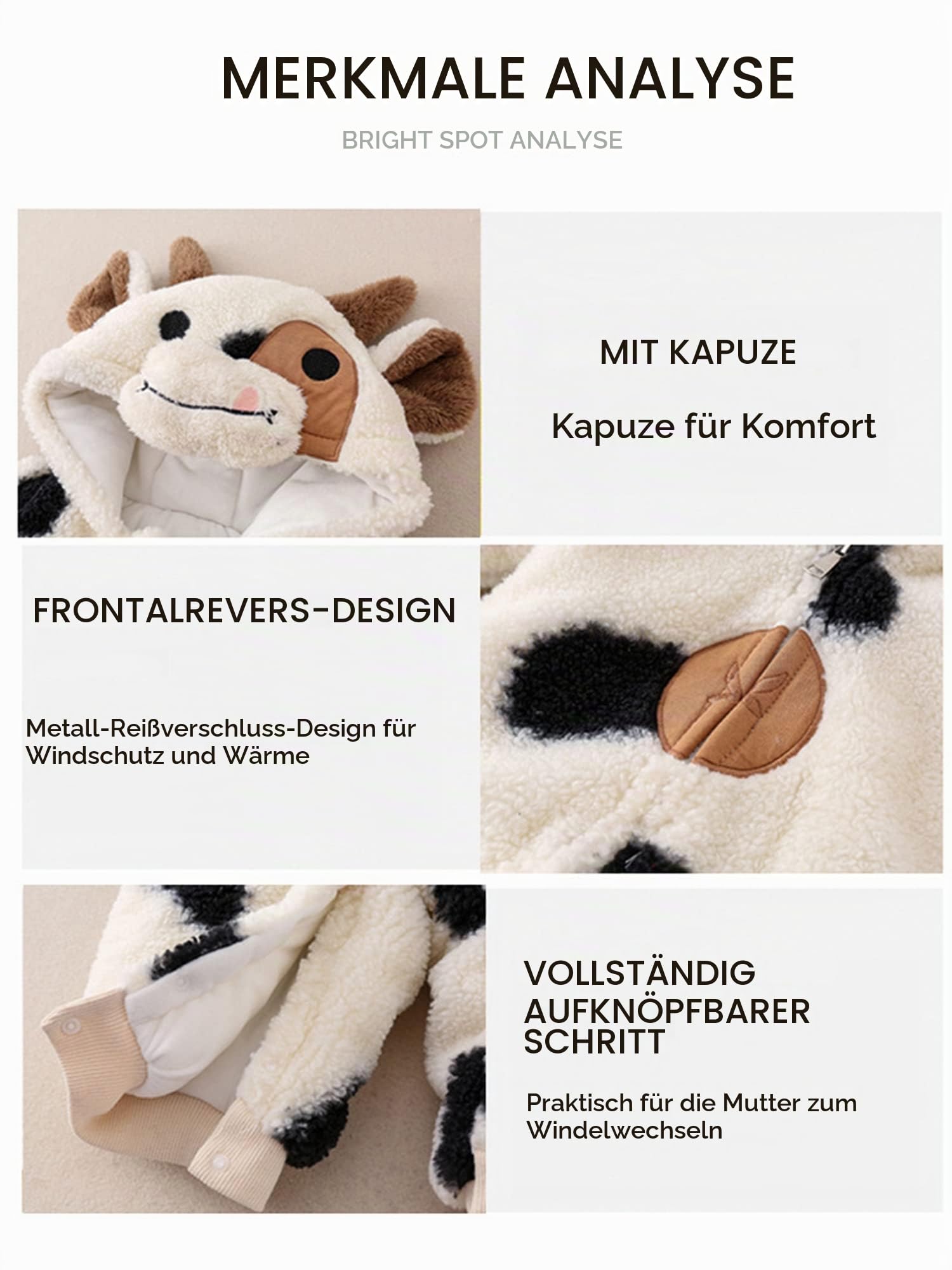 Baby Mädchen Jungen Tier Kostüm Winter Plüsch Overall Langarm Cartoon Cow Print Zipper Hooded Strampler Halloween Baby Kostüme Kleinkind Onesie (Beige, 12-18 Months)