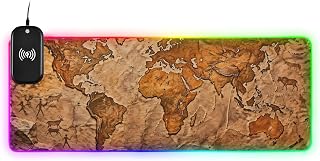 Wireless Charging Mouse Pad-World Map, RGB Gaming Desk Mat M | 14 Light Effects, Anti-slip Base, Keyboard Mats, Stitched Edges