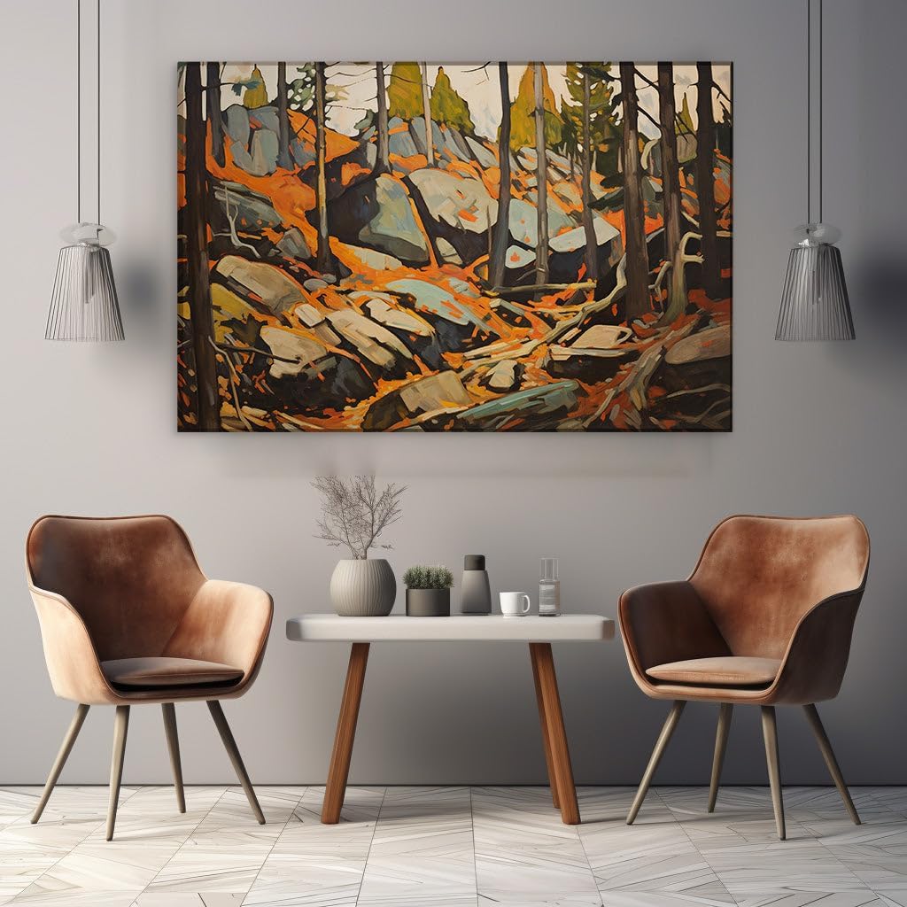 Canvas for Living room. Autumn Serenity in Impasto A Tranquil Forest Brought to Life, 27 x 18 inch Canvas Wall Art - Contemporary Masterpieces - Modern Home Decor