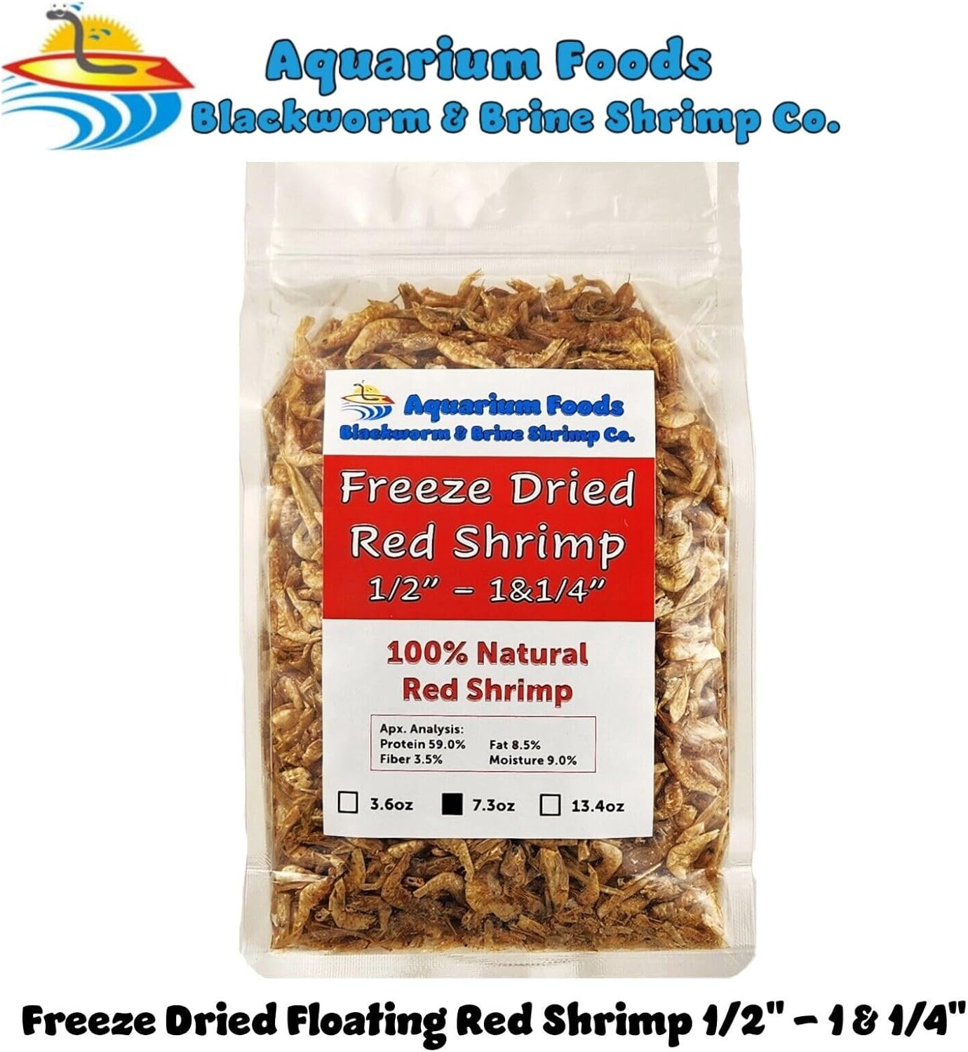 Aquatic Foods Inc. Red Shrimp, 1/2" to 1&1/4" Floating Freeze Dried Red Shrimp for All Tropical Fish, Cichlids, Catfish, Marines, Pond Fish, Turtles, Hamsters, Reptiles…7.3oz Clear Bag