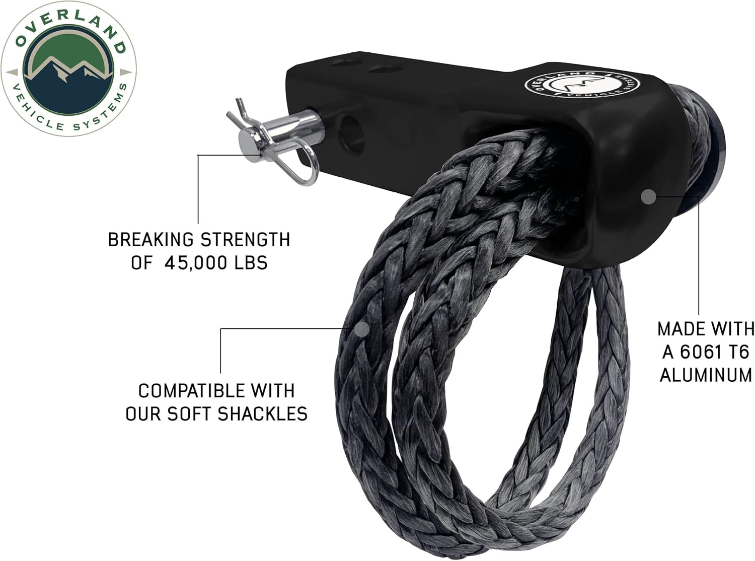 Overland Vehicle Systems Aluminum Receiver Hitch Mount for use with Soft Shackles - T6 6061 Aircraft Grade Aluminum - Glossy Black Powder Coated Finish