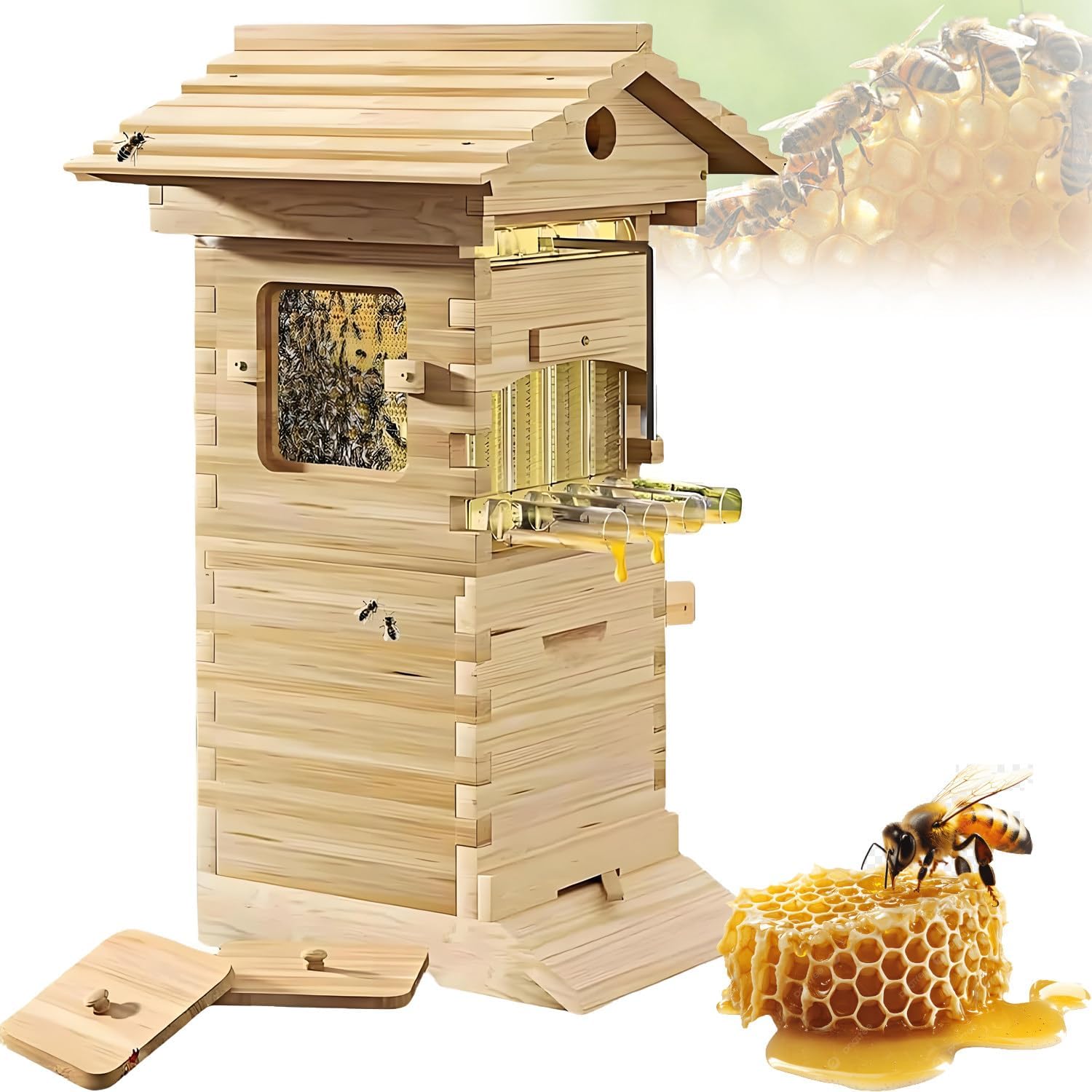 Beehive Starter kit, Self-Flow Hive Beehive Starter Kit, Self-Flowing Honey Beehive with 4 Frames & 6 Honeycomb Trays, Automatic Honey Harvesting for Garden Pollinators