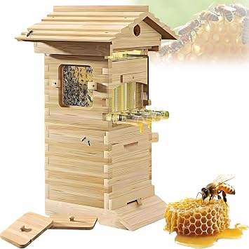 Beehive Starter kit, Self-Flow Hive Beehive Starter Kit, Self-Flowing Honey Beehive with 4 Frames & 6 Honeycomb Trays, Automatic Honey Harvesting for Garden Pollinators