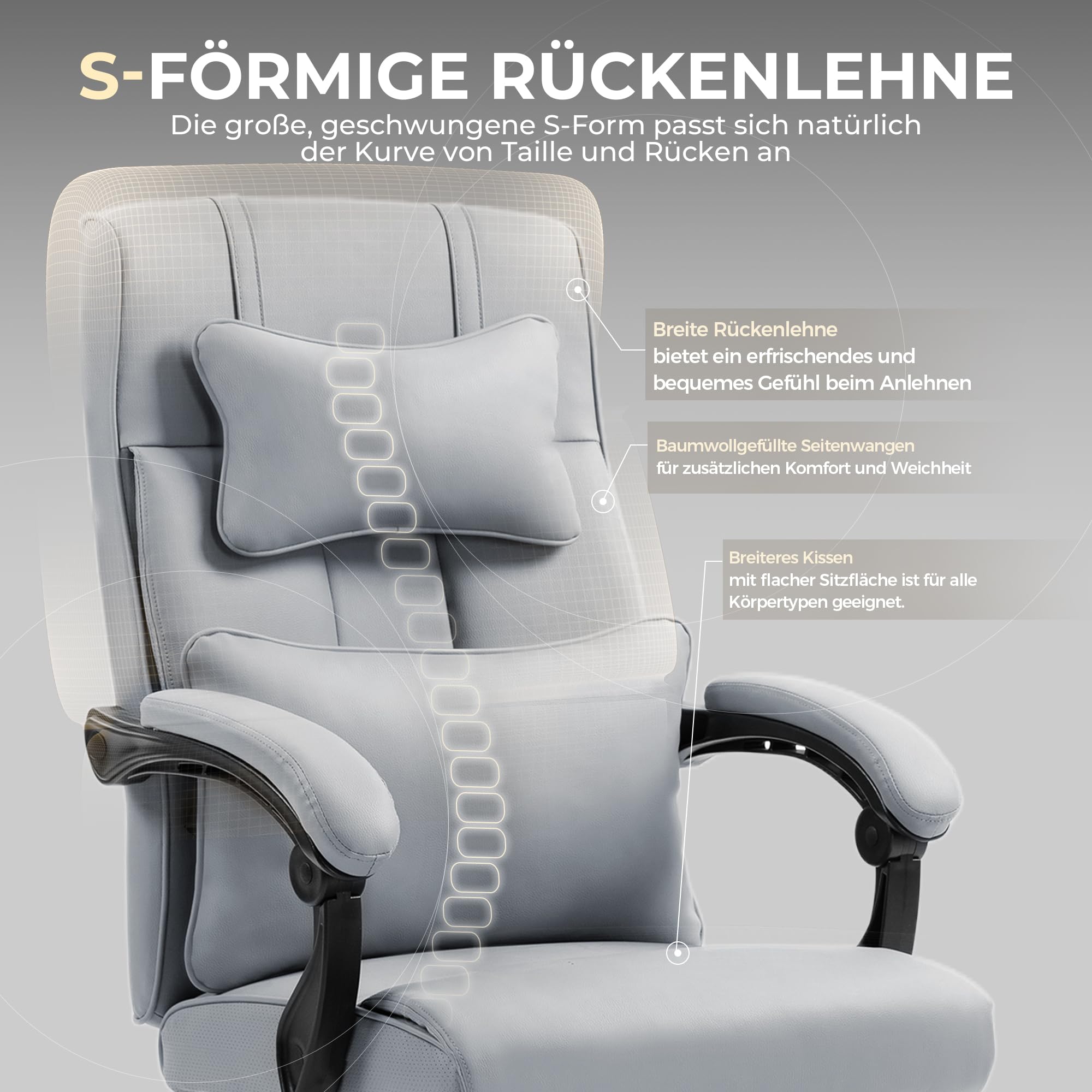 Dowinx Silla de oficina ergonómica con reposapiés, vértebras lumbares ajustables y reposacabezas, silla de oficina ergonómica, silla giratoria para ordenador con respaldo alto, 150 kg (gris)