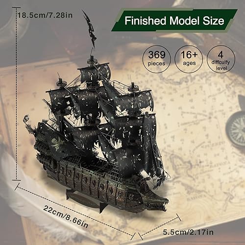 Vista 4 de Piececool Rompecabezas 3D de metal para adultos, kits de modelo de barco pirata holandés volador, kit de construcción de modelo de embarcación 3D