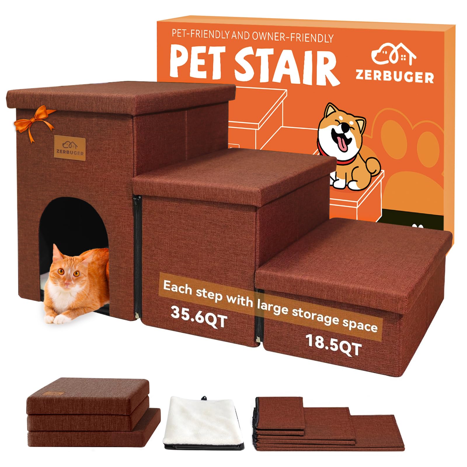 Zerbuger Dog Stairs with Storage, Brown 3 Steps Dog Ramp with Condo for Bed