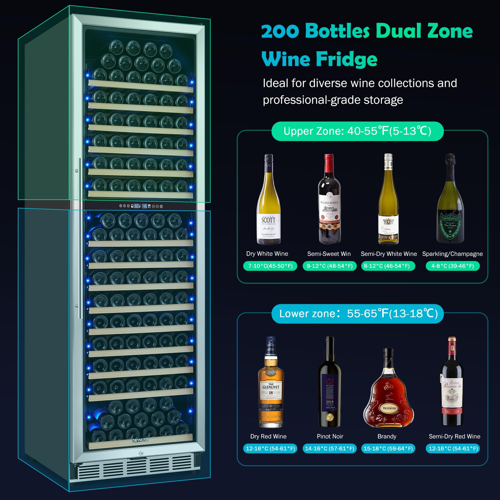 Orymuse 200 Bottle Dual Zone Wine Fridge - 24 Inch Large Wine Cooler Refrigerator, Freestanding And Built-In Design, Upgraded Compressor Cooling, Intelligent Temperature Memory on Fridge.com - View 3