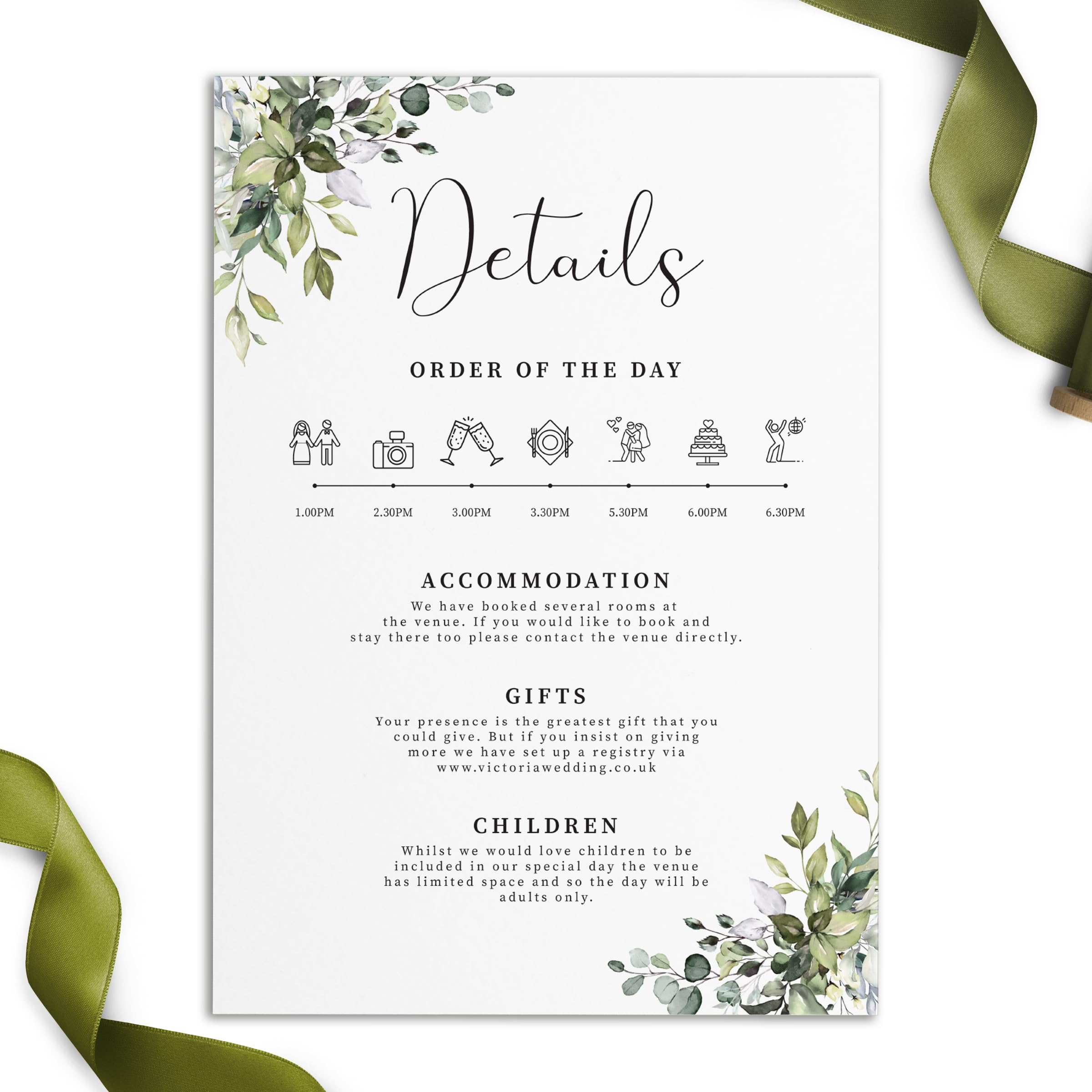 Personalised Eucalyptus Wedding Stationery Suite – 5x7 or A6 Wedding Invitations, RSVP, Details & Menu Cards. (Details Card, 5 x 7)