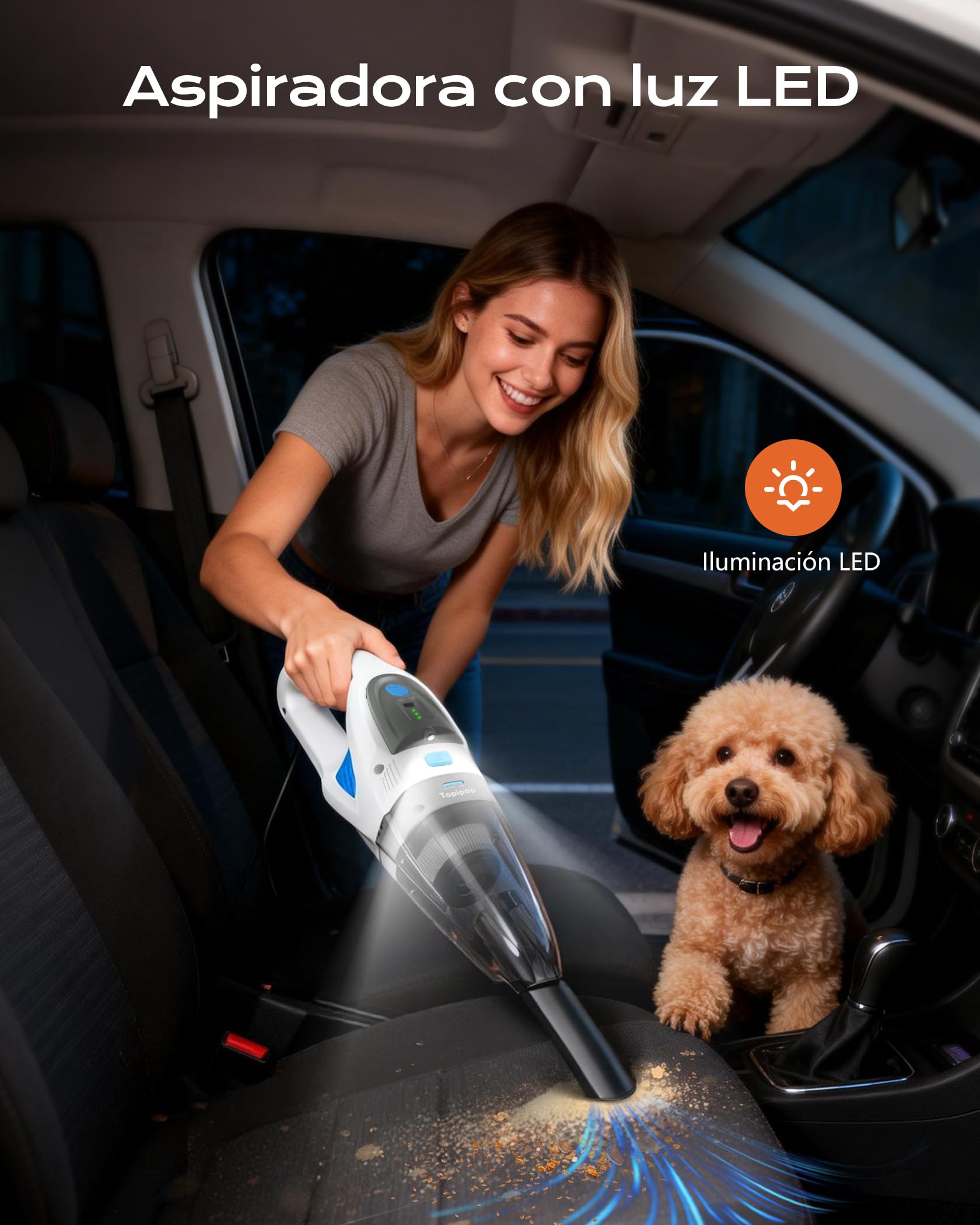 Topipop Aspiradora de Mano, Aspirador de Mano con 25000Pa de Succión, Batería 8000mAh y Filtro HEPA Lavable, con Luz LED, 3 Accesorios y Base de Carga para Coche, Hogar y Pelo de Mascotas(Blanco)