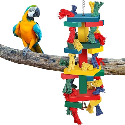 Miniatura 5 de Skylety Juguetes de loro para pájaros grandes, juguetes de madera natural para pájaros, bloque de loro rasgado de madera multicolor para gris