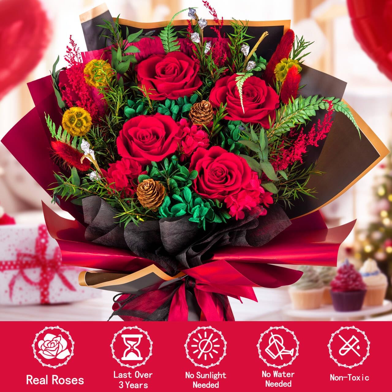 GREETING ART Preserved Real Red Rose Bouquet, Long-Lasting Fresh Flowers for Christmas, Valentine's Day, Anniversary, Birthday, Mother's Day, Graduation Gift for Wife, Girlfriend, Mom