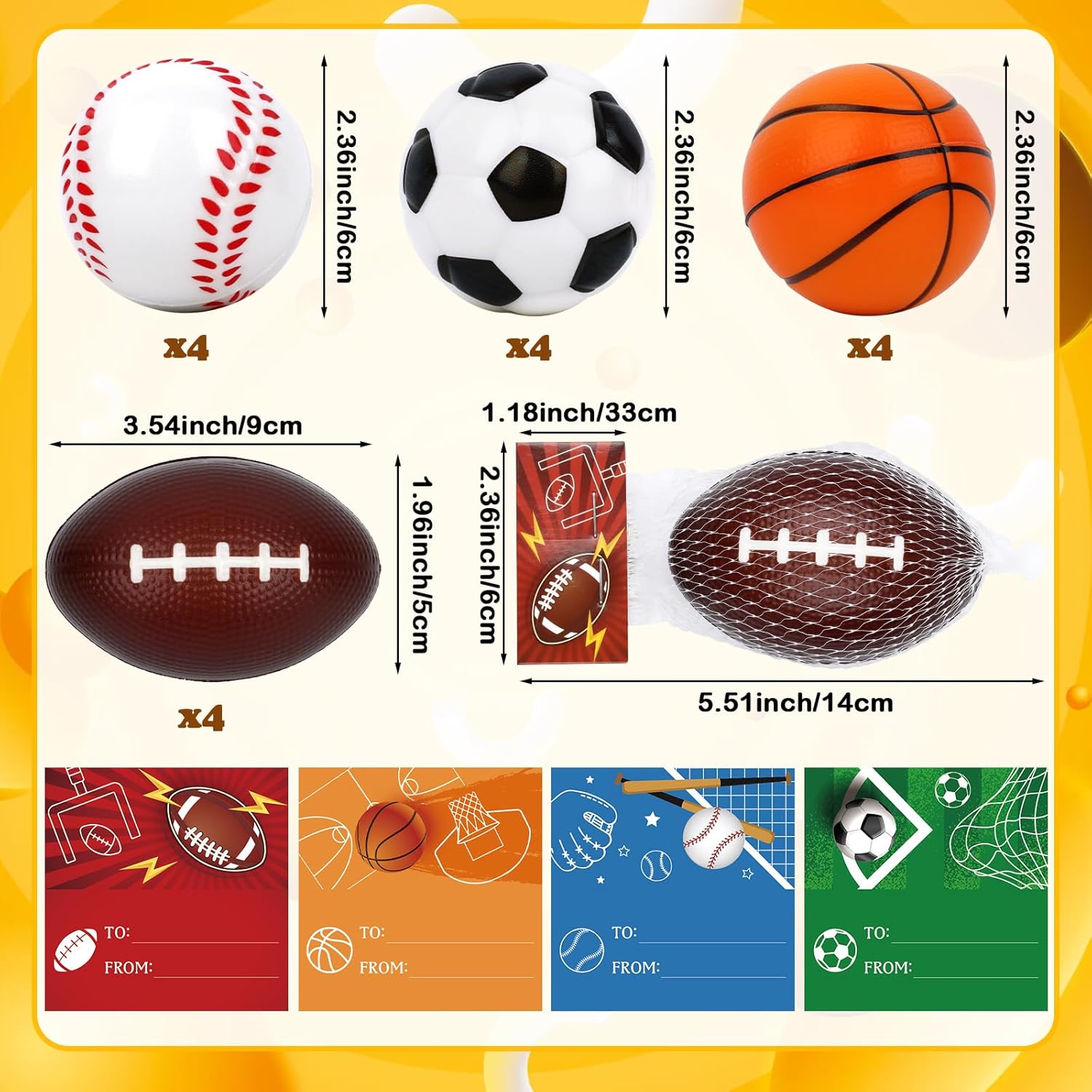 Hooqict 16 Pack Stress Balls Valentines Day Cards for Kids Classroom Gifts Basketball Baseball Soccer Football Stress Balls Party Favors Mini Foam Sports Balls for Pinata Filler Goodie Bag Stuffers