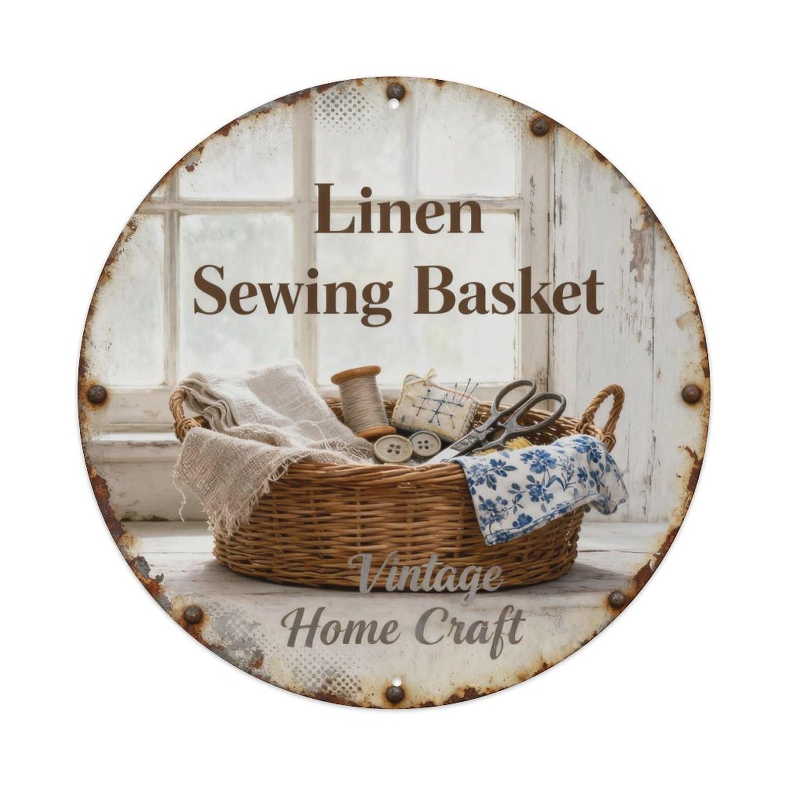 Linen Sewing Basket Metal Tin Sign Plaque