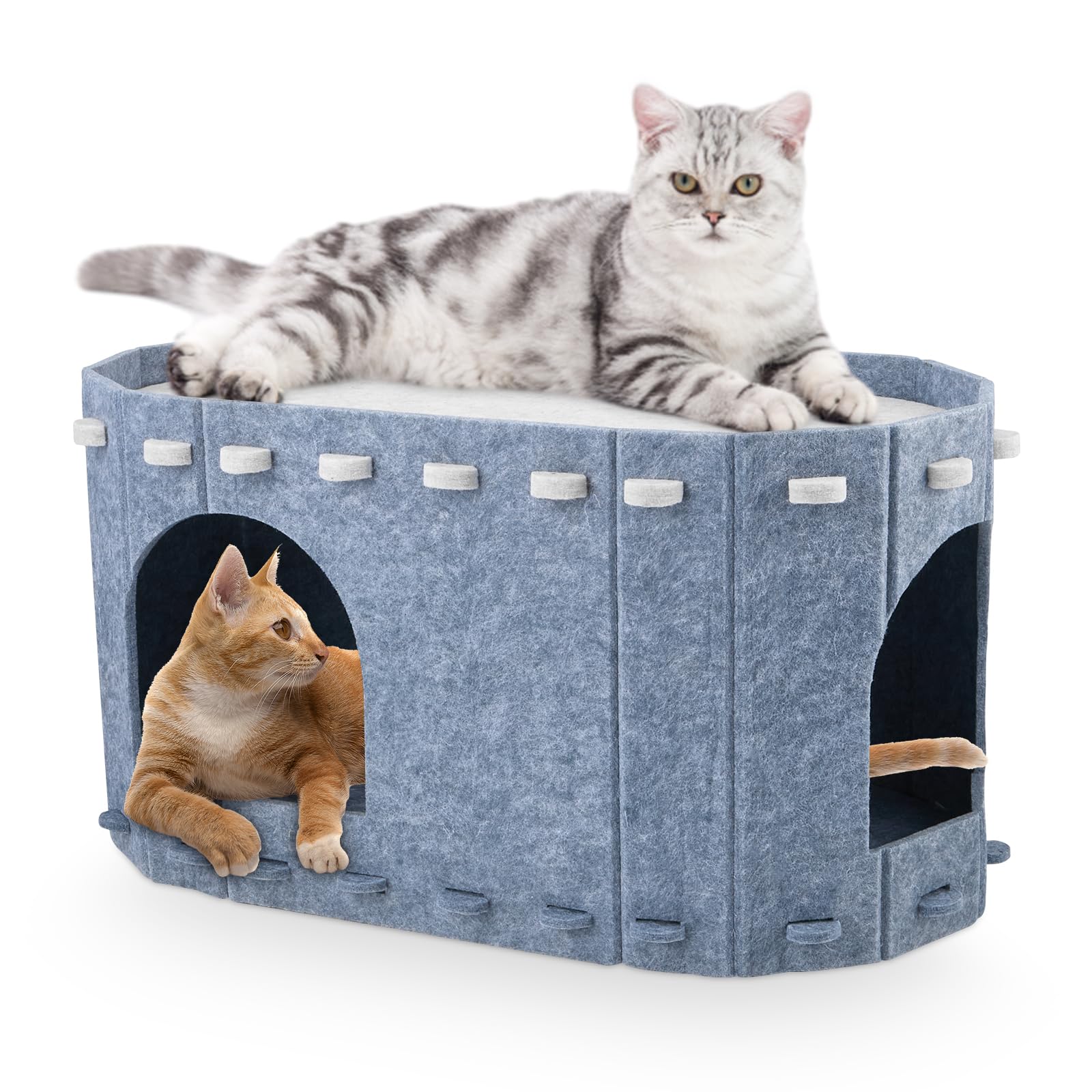 Filz Katzenhöhle Zweistöckig, Abnehmbare Waschbare Katzenhaus mit Doppelseitiger Matte, 58x33x30cm Kratzfest Katzenbett für Indoor Katzen, Vierjahreszeiten Geeignet