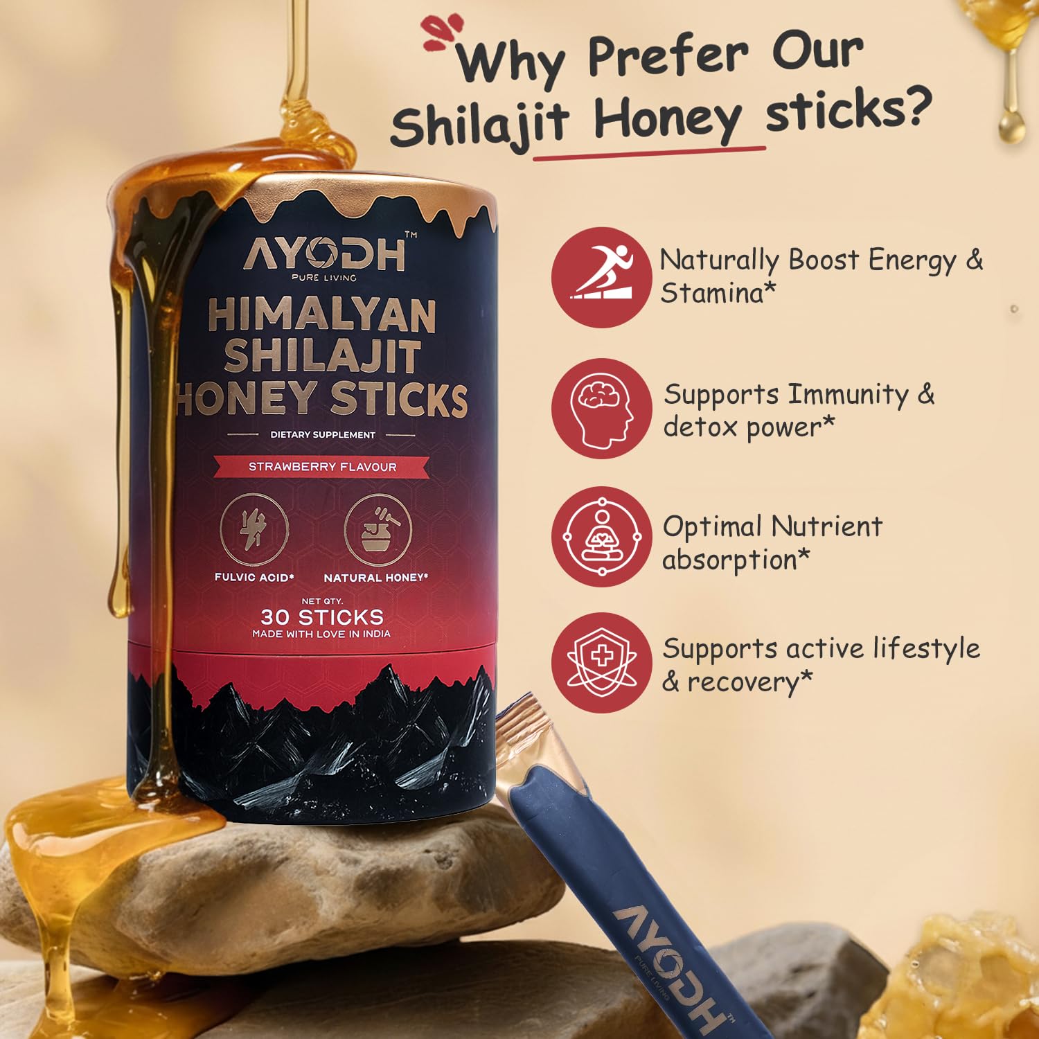 SHE-Lajit Strawberry Shilajit Honey Sticks Combo | Himalayan Shilajit & KSM-66 Ashwagandha | 60 Sticks Supplement | Energy & Vitality Support for Daily Wellness