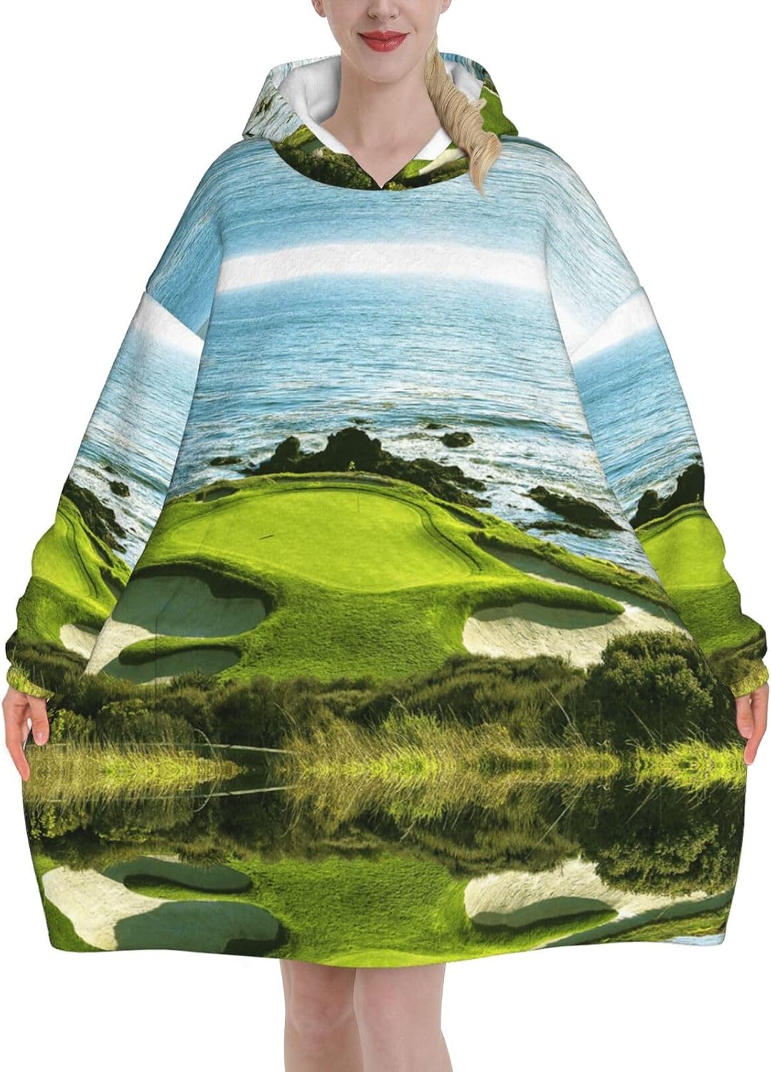 MUSM Beach Golf Course Print Blanket Hoodie Fleece Sweatshirt Blanket With Sleeves And Pockets