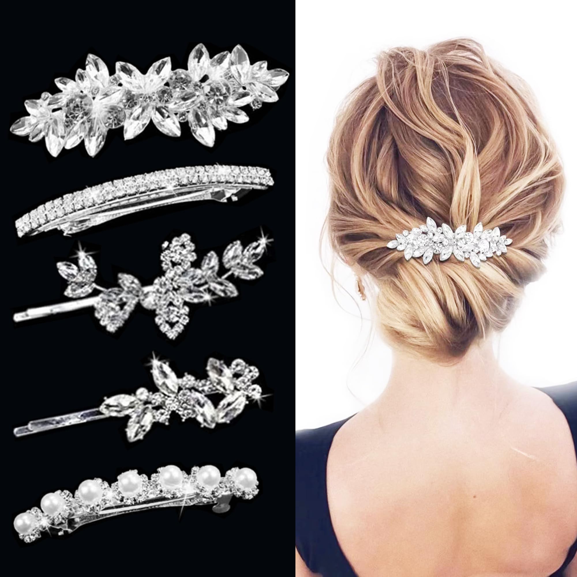 Hair Barrettes for Women Crystal Rhinestones Hair Clips for Thin Thick Hair Pins French Hair Accessories White Sparkly Wedding Hair Jewelry for Women C-5