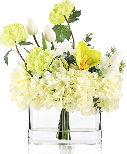 WELL KNOWN Artificial Flowers in Vase, Fake Hydrangea Tulips Flowers Bouquet in Vase, Spring & Summer Decor as Dining Table Centerpiece for Home Housewarming Wedding Party & Mom's Gift (Green)