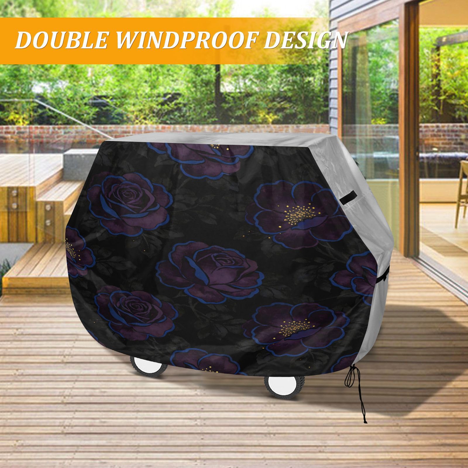 Pokrowiec na grilla na patio, 150 cm, wytrzymały, wodoodporny, na zewnątrz, patio, pokrowiec na grilla, ciemnofioletowy, kwiat czarny