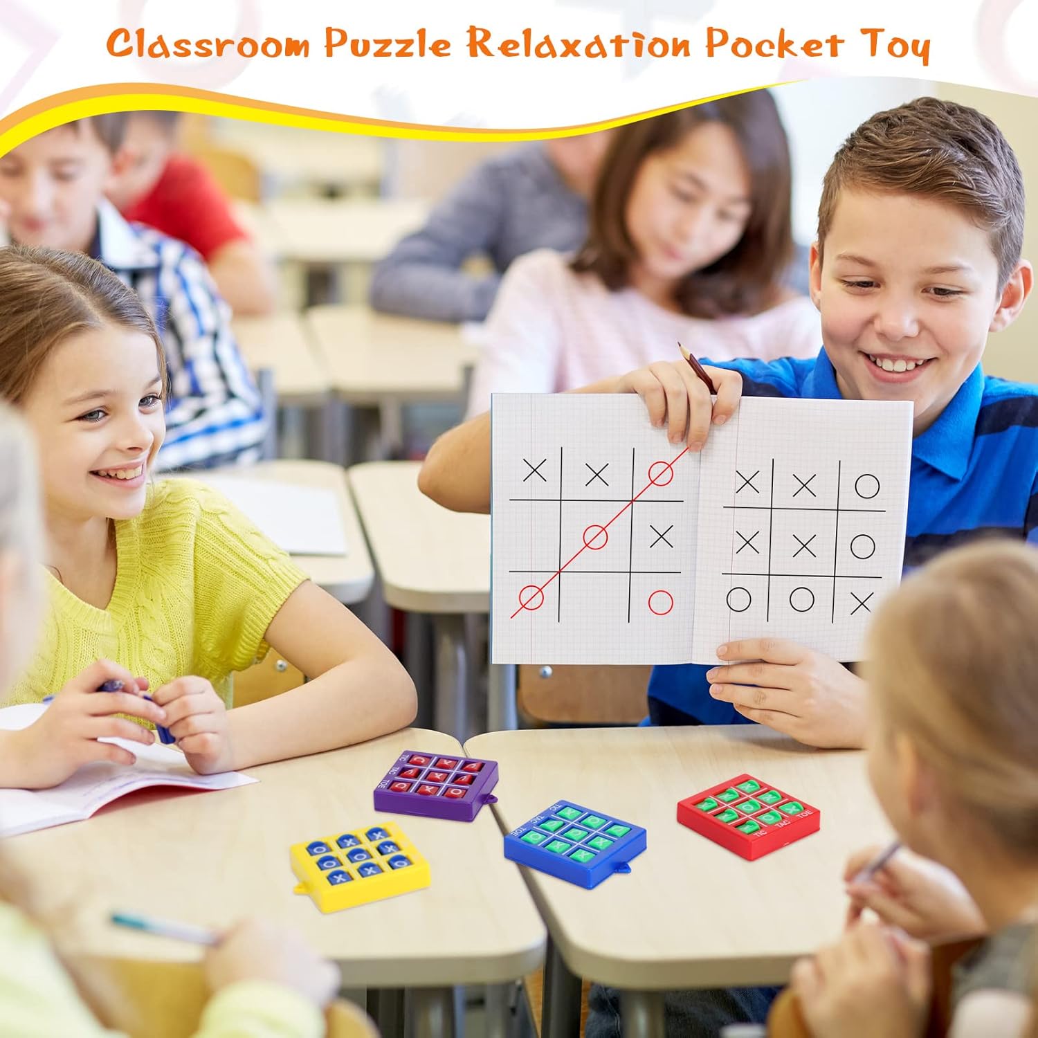 Lewtemi 4 Pcs Travel Tic Tac Toe 2 x 2 x 0.4 Inch Mini Board Game Toys Portable Tic Tac Game Toy Retro Mini Games for Kids Red Blue Purple Yellow Pocket Board for Party Favors Classroom Prizes