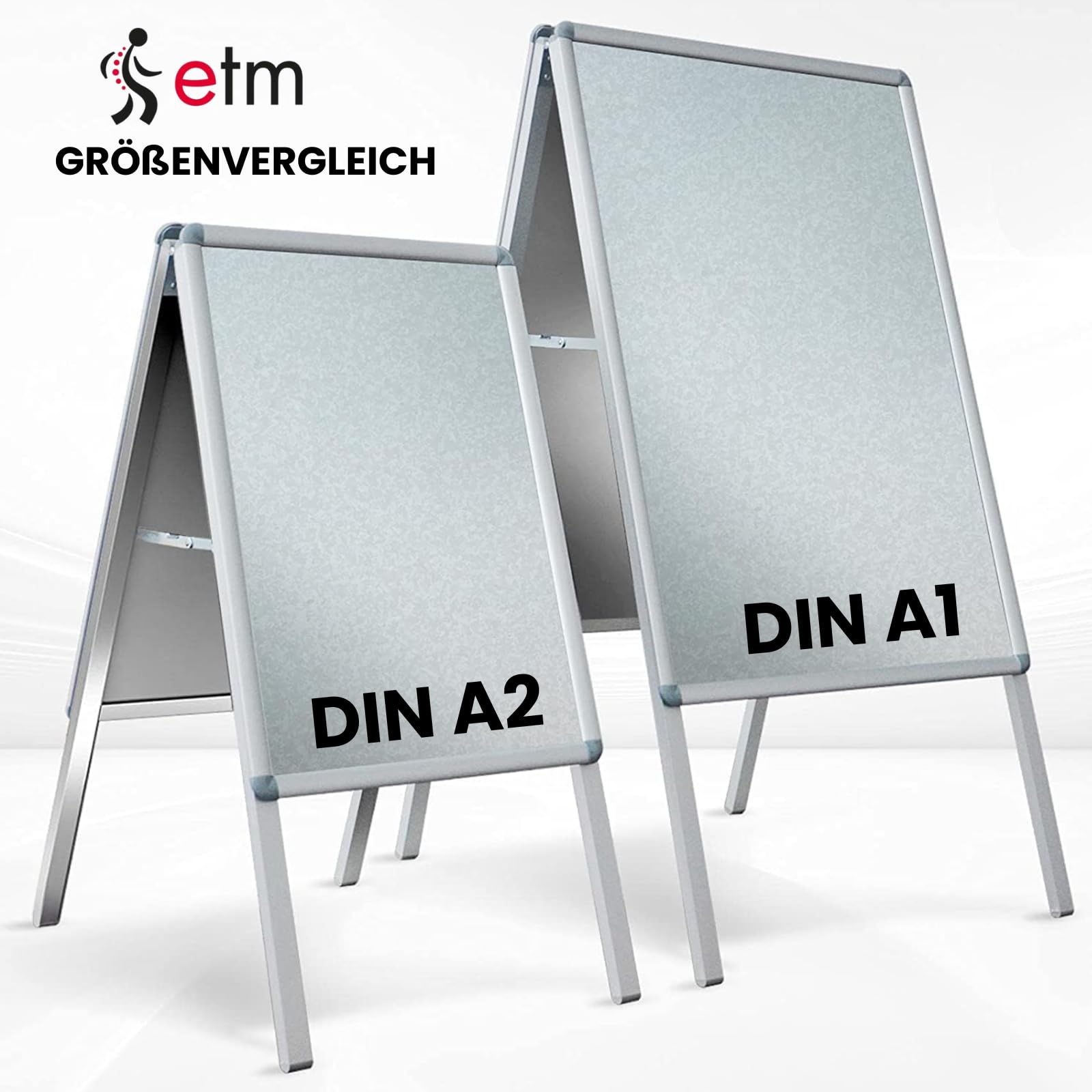 etm Kundenstopper DIN A2 - Big Sale für 2 Plakate mit Alu Rahmen 25mm - inklusive Schutzfolie - wetterfester Plakatständer - Gehwegaufsteller Werbetafel (DIN A2 - Silber, 59,4 x 42 cm)