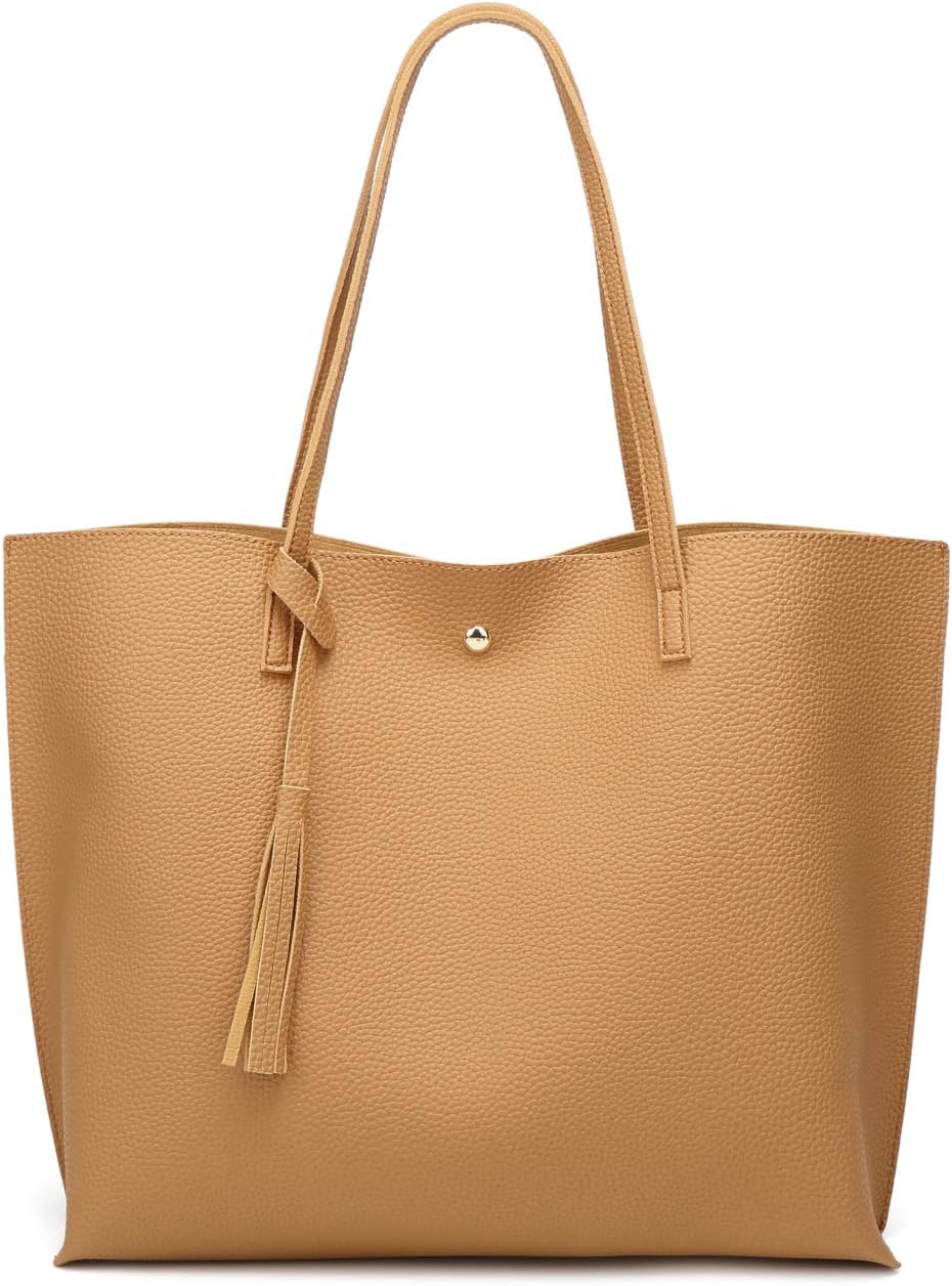 Dreubea Women's Soft Faux Leather Tote Shoulder Bag from, Big Capacity Tassel Handbag One Size Yellowish Brown