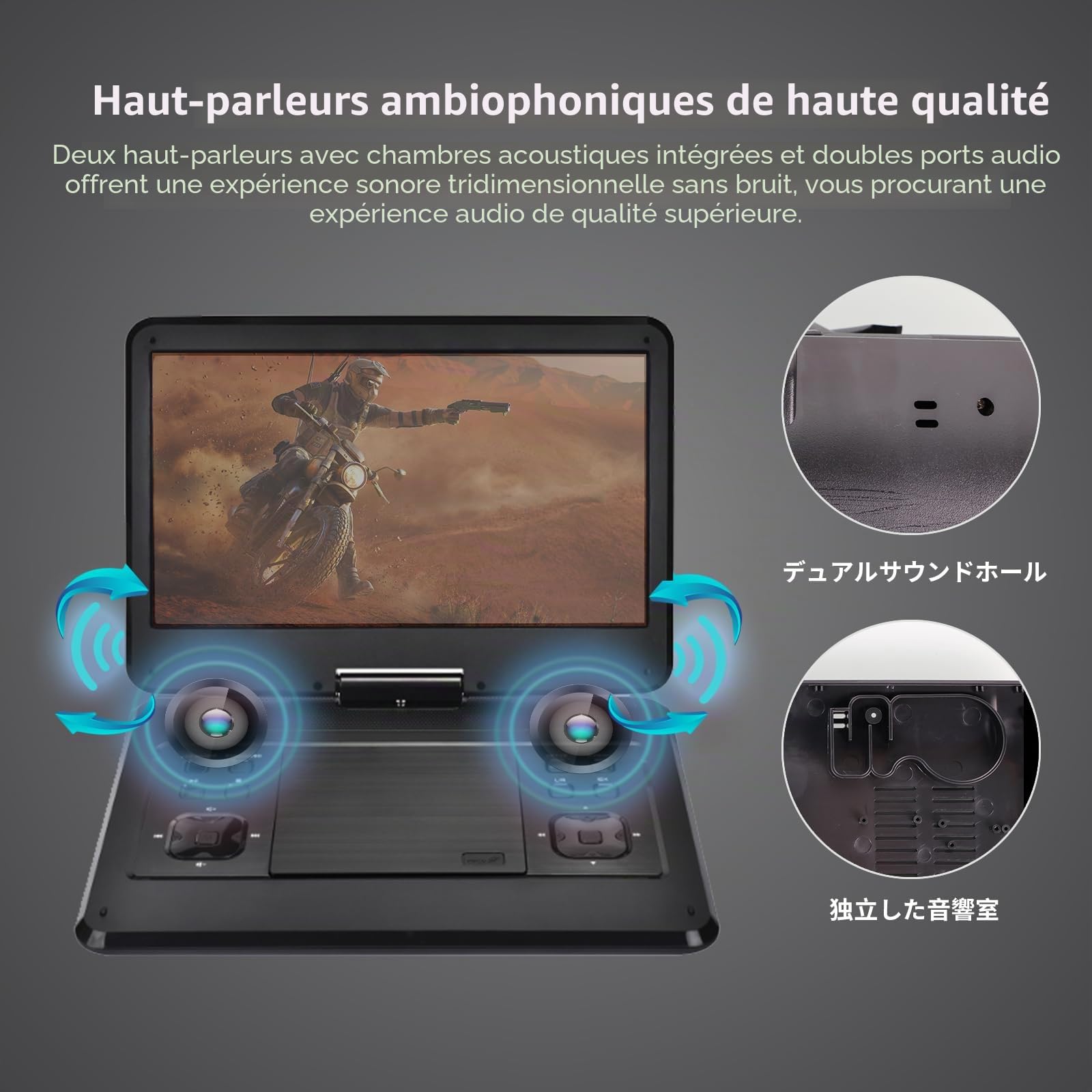 Lecteur DVD portable 16" écran pivotant 14,1" batterie 6 heures support appui-tête voiture noir
