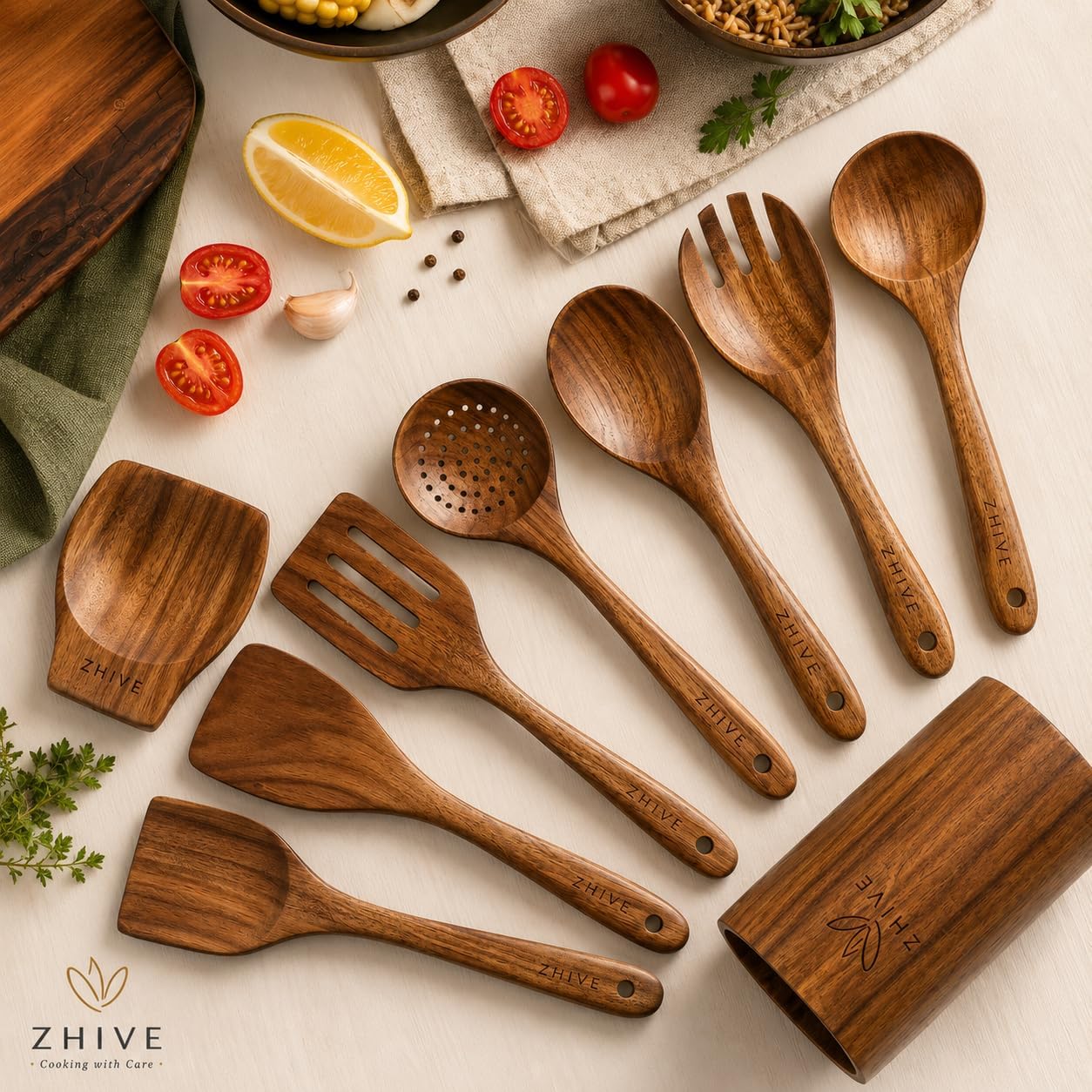 9-Piece Teak Wood Cooking Utensils Set with Holder and Spoon Rest, Premium Wooden Spoons and Spatulas, Non-Scratch Kitchen Tools for Nonstick Cookware, BPA Free Natural Wood Utensils | Spoon Rest Included, Non-Scratch for Nonstick Cookware, BPA Free Natural Wood, Wooden Spoons and Spatulas