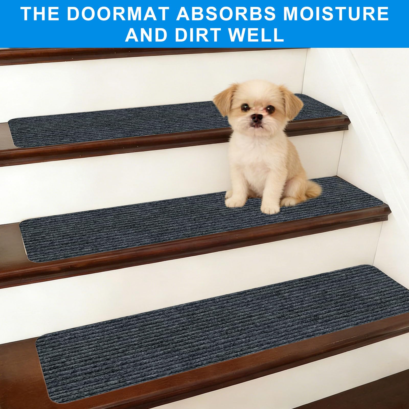 15 pièces de tapis pour marches d'escalier, 55x22 cm, tapis d'escalier, gris foncé, résistant à l'eau, rectangulaire, auto-adhésif, antidérapant, pour protéger les animaux de compagnie, les personnes