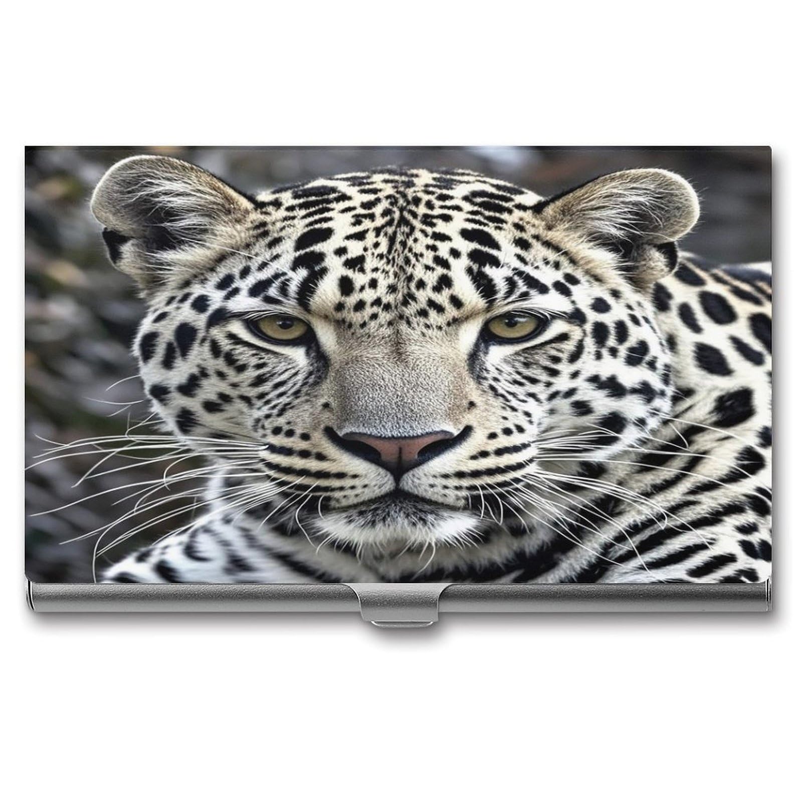 FekiLoot Black And White Leopard Face Business Card Holder Aluminum Alloy Business Card Case Convenient to Carry Business Card Dispenser for Men Women