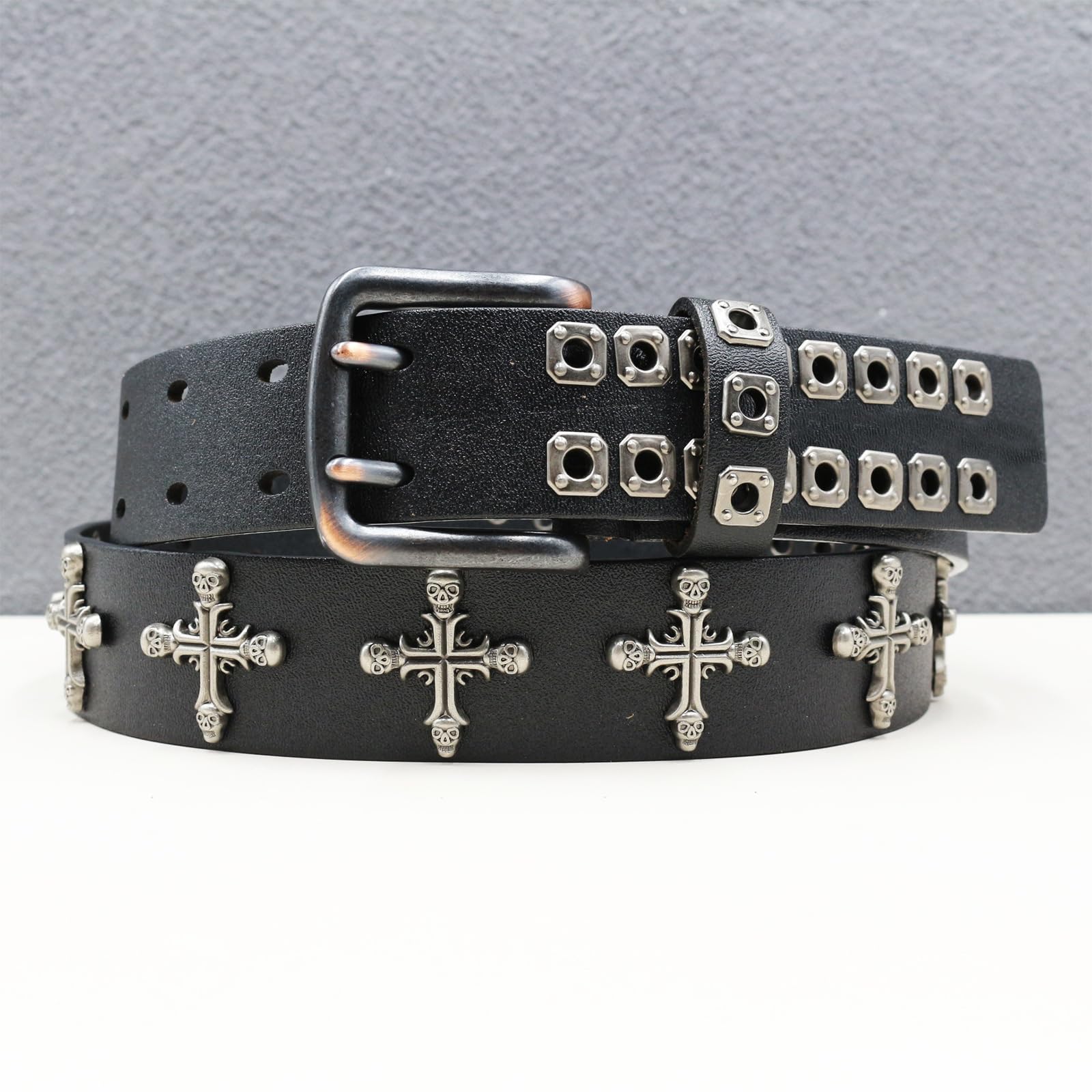 Cinturón De Cuero Con Tachuelas Gótico Punk, Remaches Cruz Calavera, Negro 115 Cm/45