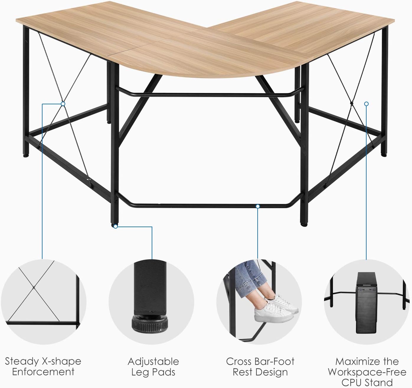 BAHOM 55" L-Shaped Computer Desk, Round Corner Home Gaming Desk, Office Writing Workstation, Space-Saving, Easy to Assemble (Wood)