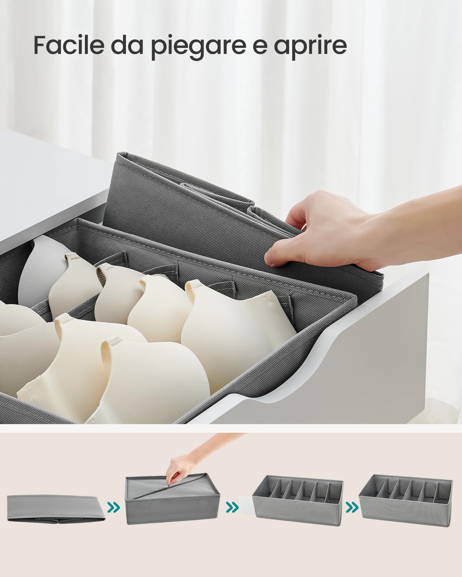 SONGMICS Set di 8 Organizer Armadio Cassettiera Divisori per Cassetti, Organizzatori per Biancheria Intima per Reggiseni Mutande Calzini Cravatte, Portaoggetti in Tessuto per Armadio, Grigio RUS008W01