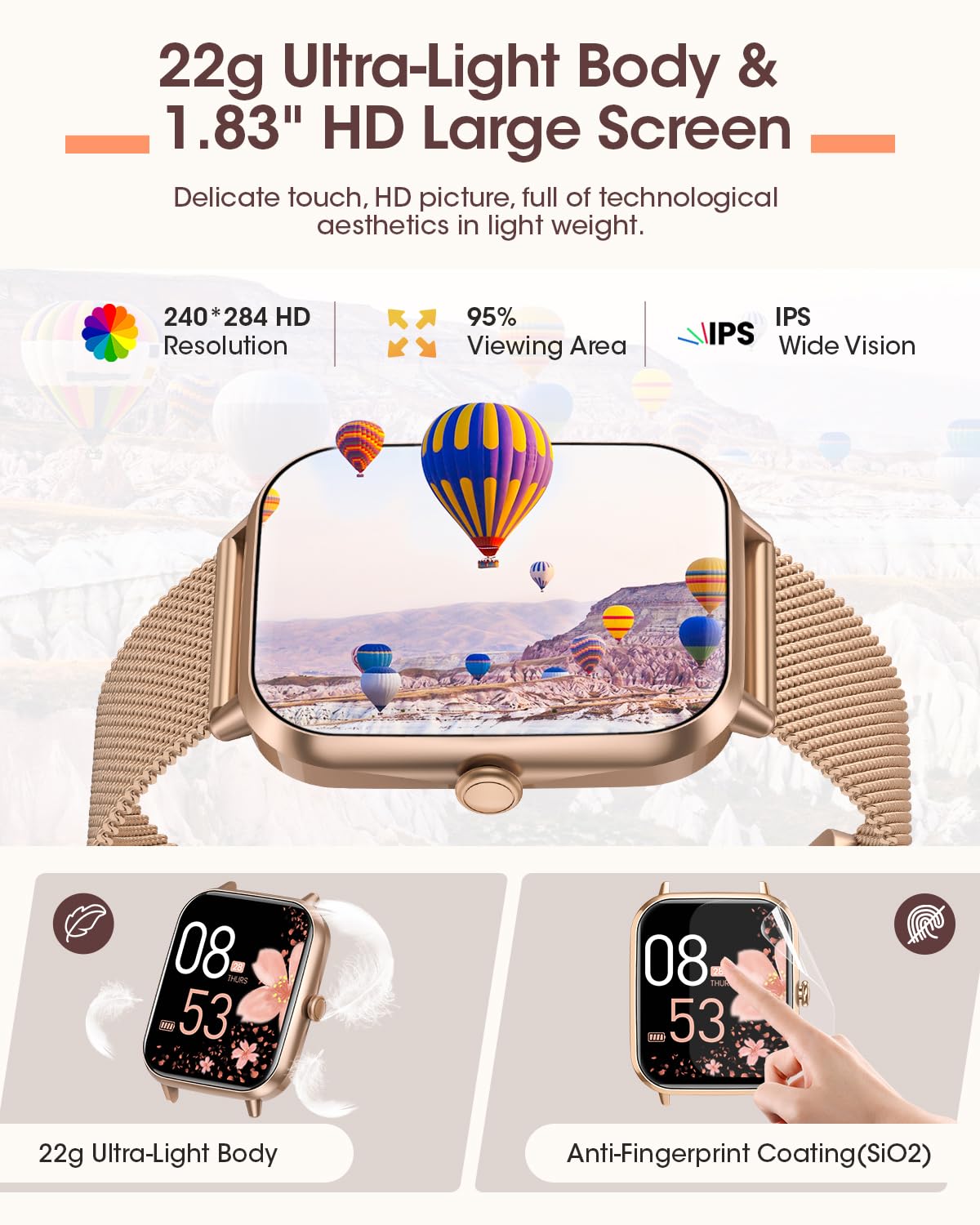 RUXINGX Smartwatch Donna con Chiamate, 1.83" Orologio Smartwatch con 3 Cinturini Fisiologia Femminile Sonno Cardiofrequenzimetro SpO2 IP68, 20+ Sport Notifiche Messaggi per iOS Android Oro Rosa Regalo