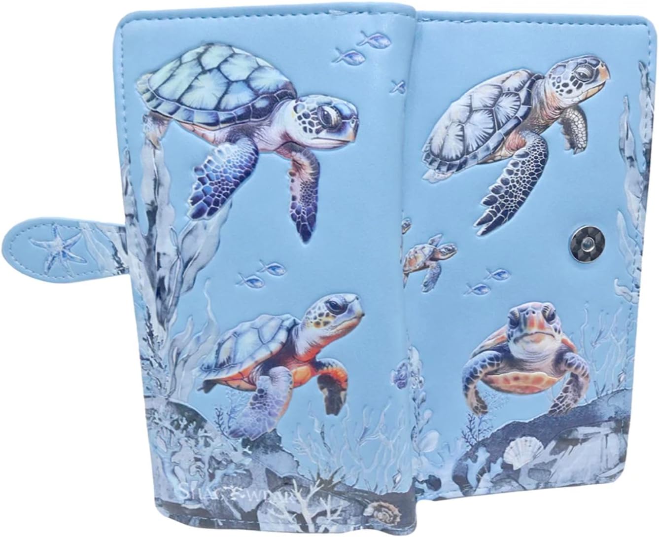 Shag Wear Turtle Flotilla Large Wallet for Women – Vegan Faux Leather Clutch Purse with Sea Turtle Design, Ocean Theme, Magnetic Snap Closure, Card and Bill Organizer Blue 7"
