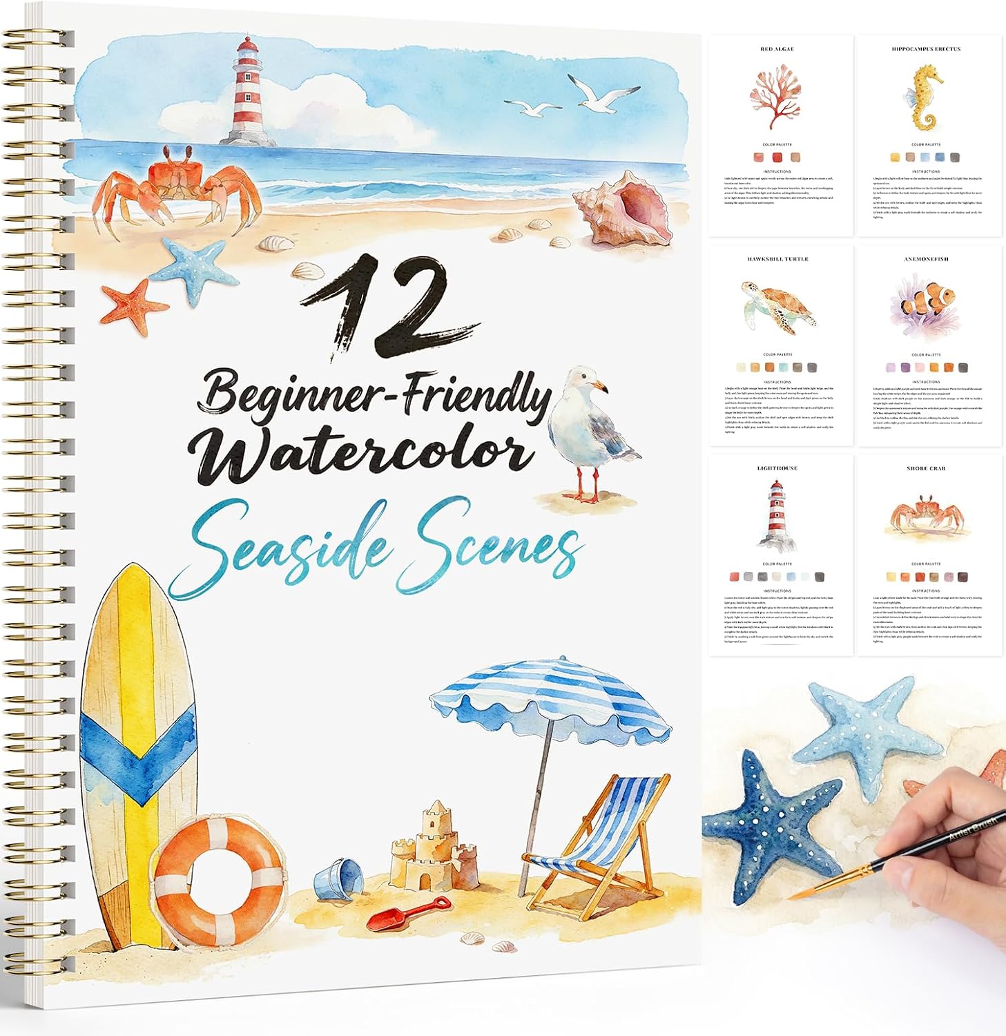 Watercolor Workbook for Beginners, 12 Seaside Patterns Water Coloring Book