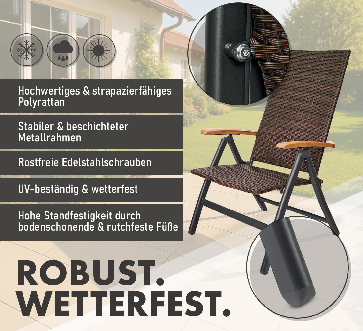 BRUBAKER 2er Set Polyrattan Gartenstuhl Modena - Hochlehner aus Metall und Poly Rattan klappbar - 7-Fach verstellbare Rückenlehne - wetterfester Faltstuhl/Klappstuhl - Braun Grau