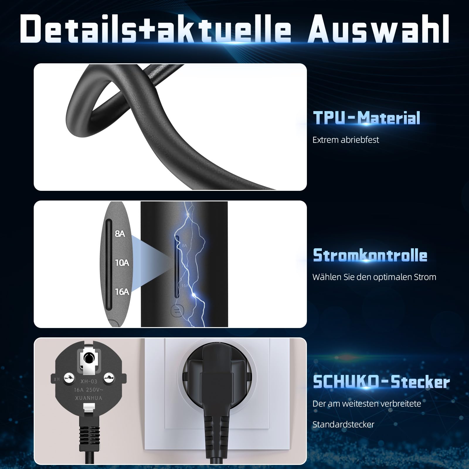 EV Ladegerät Typ 2 Schuko Stecker 8/10/16Amp Einstellbare Strom, 6M TPU Ladekabel Tragbare EV Autos Ladestation 3.68KW Wallbox für alle Elektrofahrzeuge & Plug-in-Hybrid-Autos