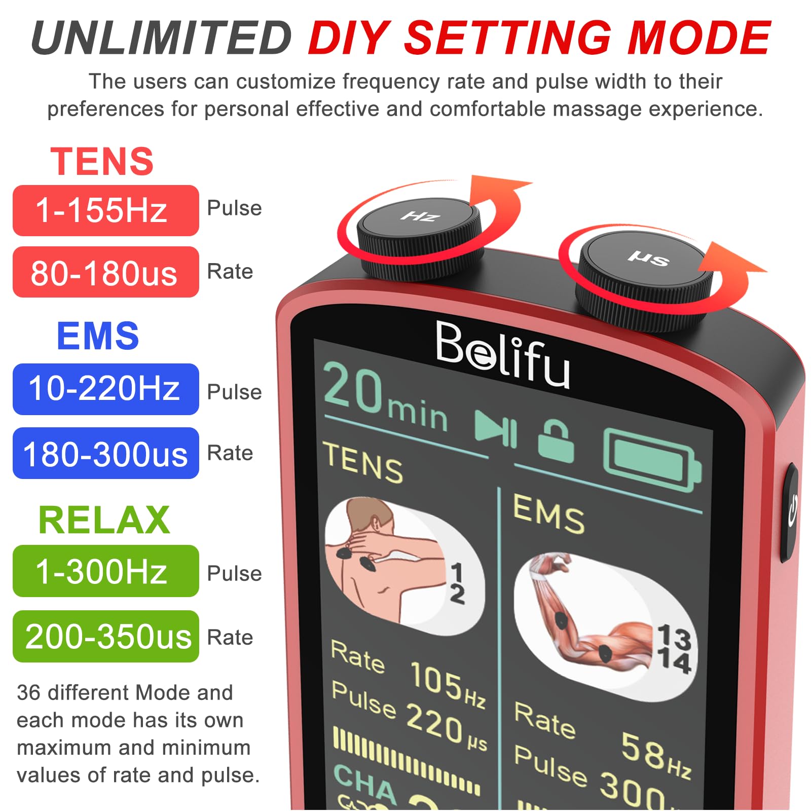 TENS EMS Unit Muscle Stimulator for Pain Relief Therapy - 4 in 1 TENS EMS Relax Custom Frequency+Pulse - Muscle Massager 36 Modes 20 Intensity, Memory & Favorites Function, 3.8" Color Display - Red — Amazon image 5