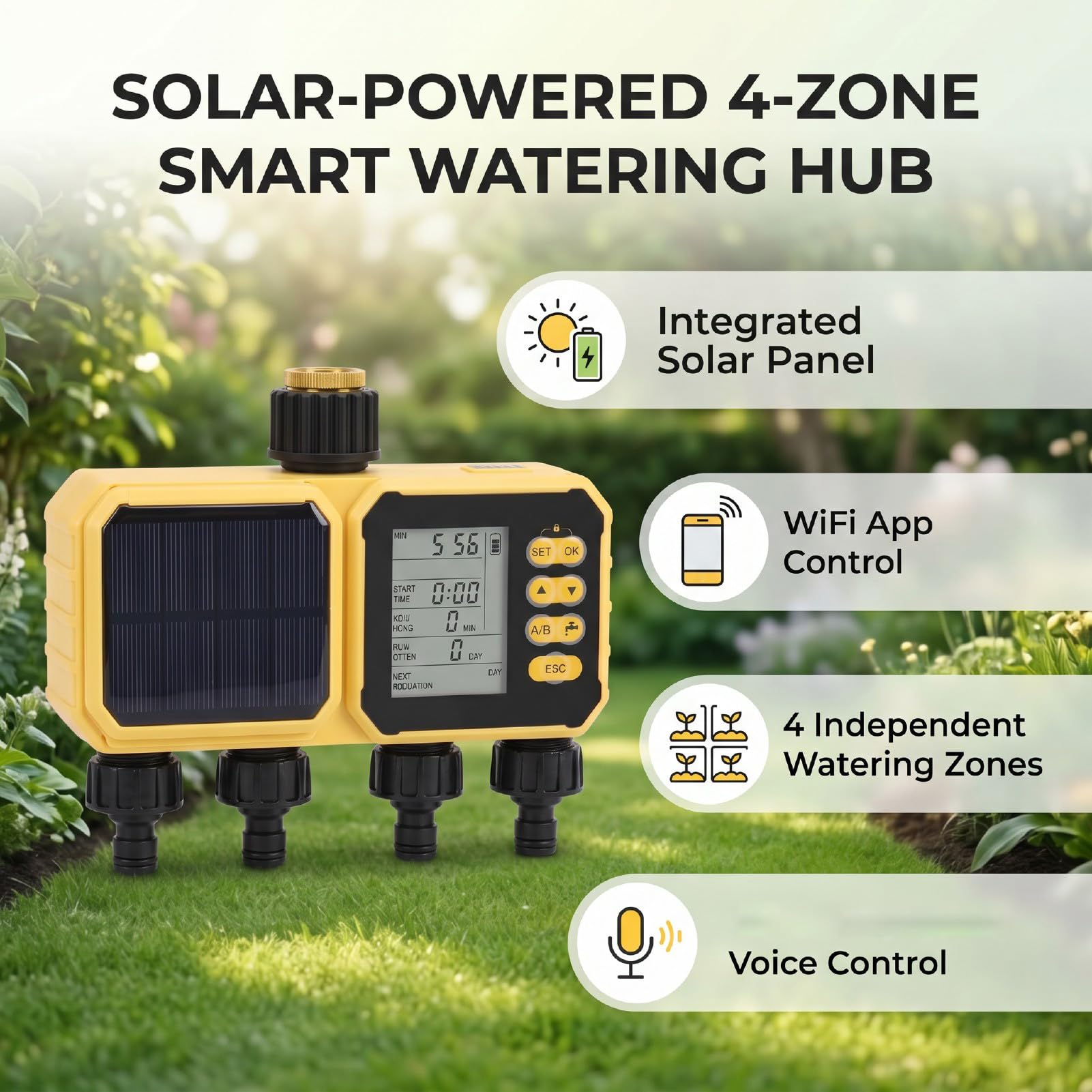 Eujgoov Centralina Irrigazione WiFi, Programmatore Irrigazione a 4 Zone, Timer per Tubo for Giardino e Esterna