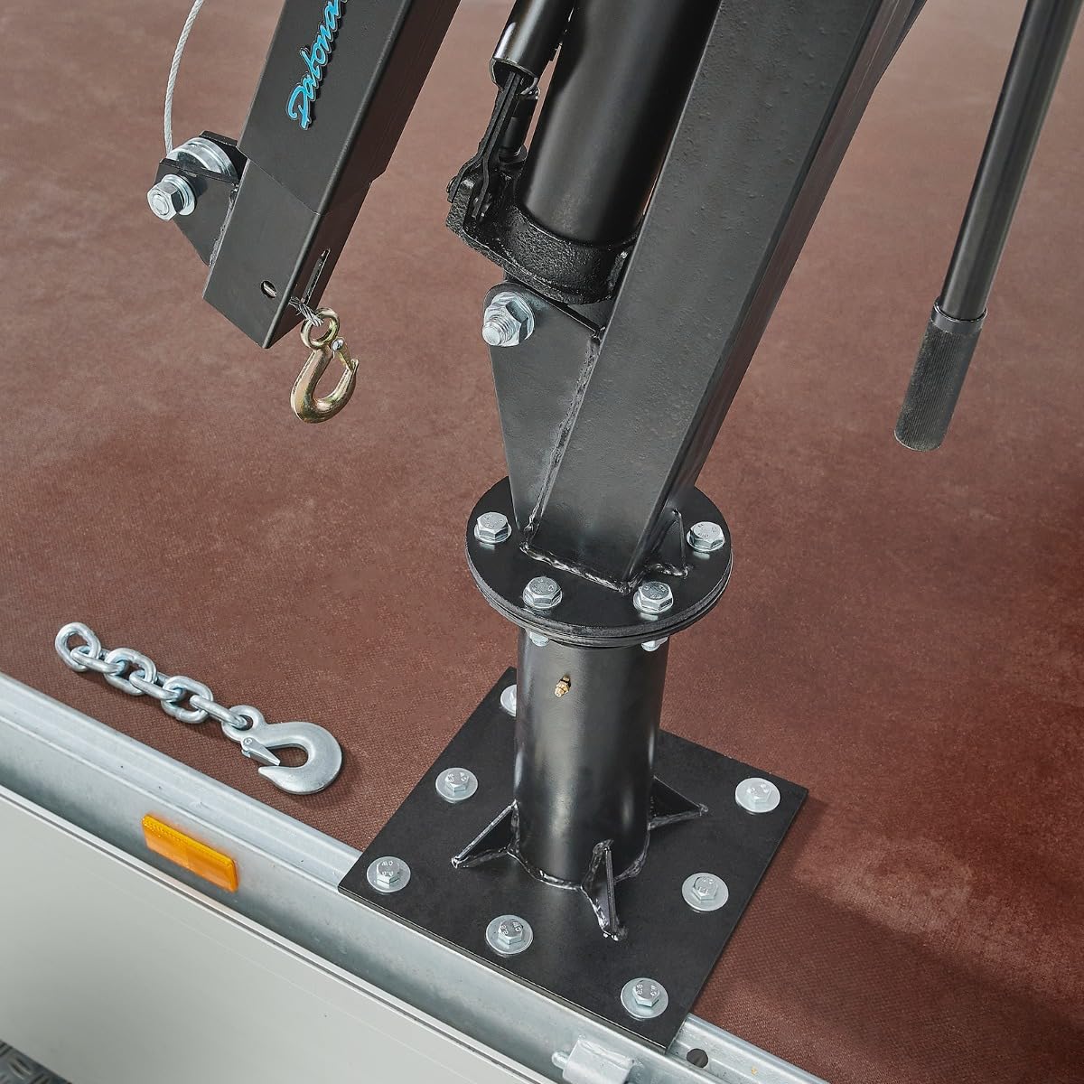 Datona Anhängerkran mit Handwinde XL 800 kg - hydraulischer Ladekran 360° drehbar, 9,5 m Seilwinde, 200 cm Hubhöhe, Montageplatte 26,5 cm - Schwarz