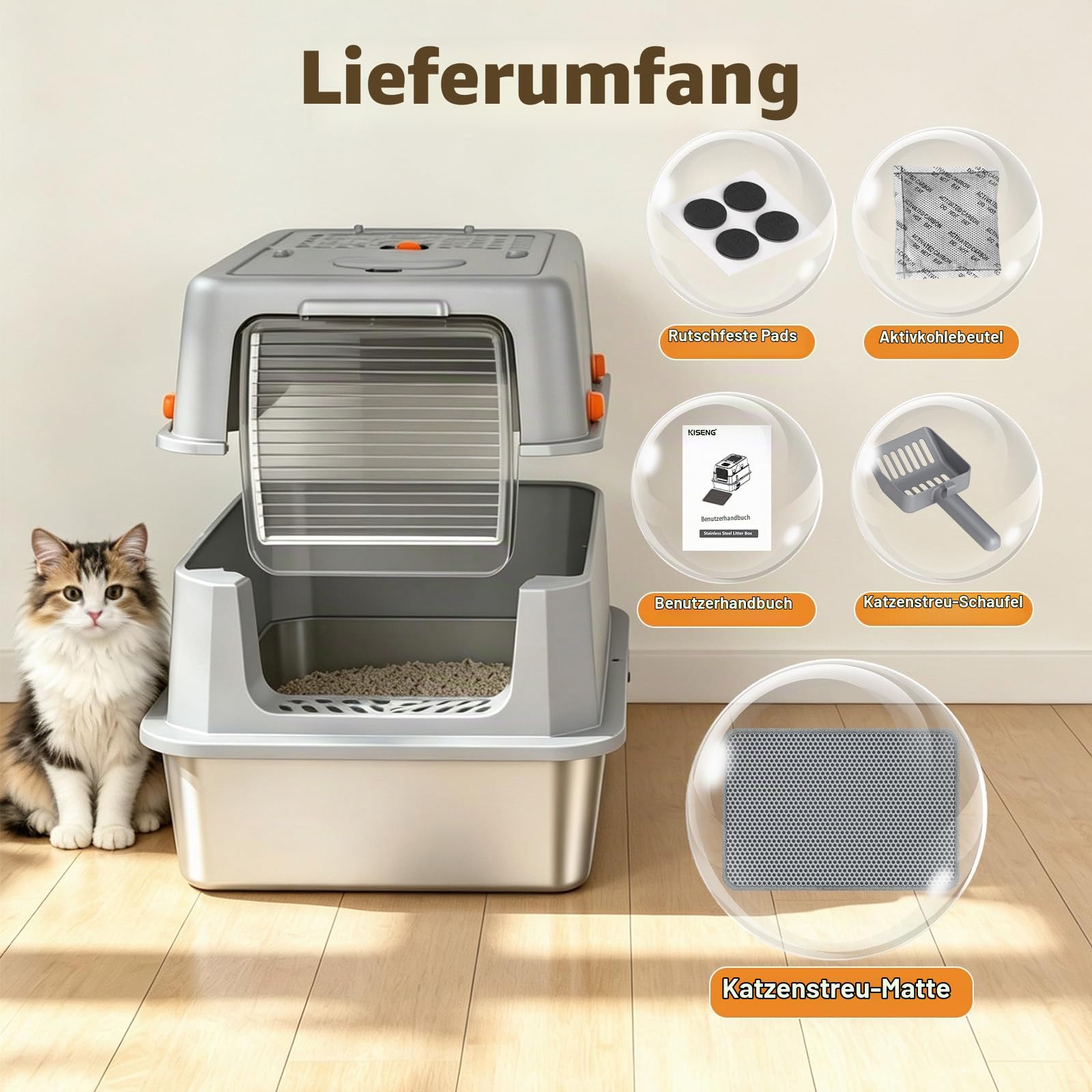 Edelstahl-Katzentoilette mit Deckel – hohe Seitenwände, geschlossene Metallwanne, Kratzfest & urindicht, antihaftbeschichtet, aufklappbare Front & Einstieg von Oben, inkl. Matte & Schaufel