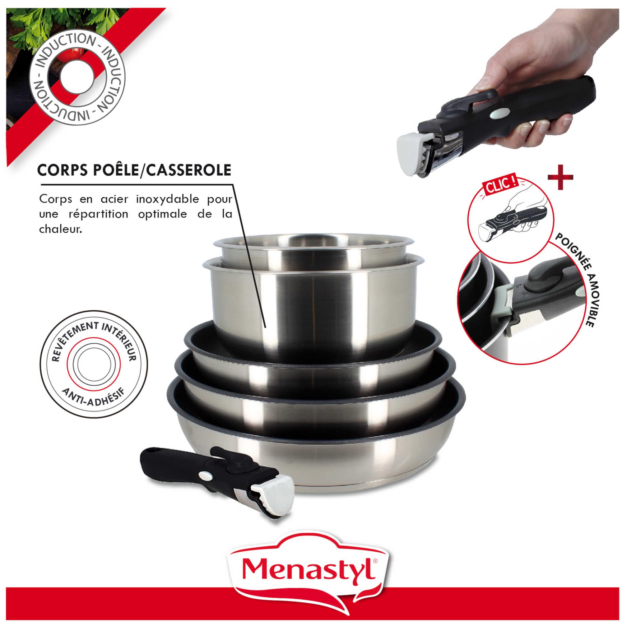 MENASTYL - Batterie de cuisine amovible 6 pièces en inox IRIS - 3 poêles + 2 casseroles + poignée amovible sécuritaire - Tous feux dont induction - Acier inoxydable - Sans PFOA/Sans BPA - 7930018