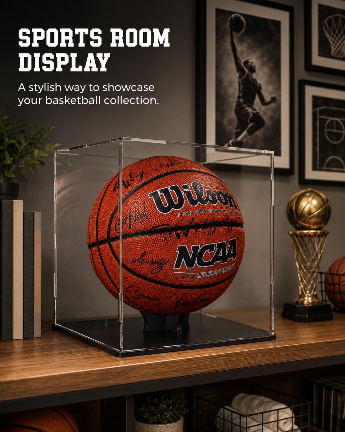 Soporte de exhibición de baloncesto,vitrina de acrílico transparente para figuras de acción, juguetes coleccionables,estuche de exhibición de pelota de fútbol,necesidad de autoensamblaje(25x25x28cm)