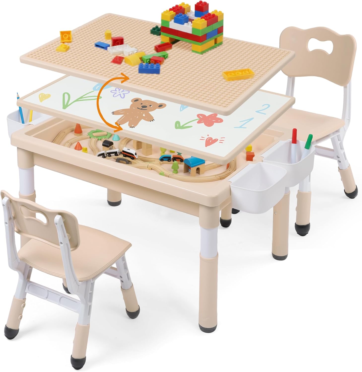 Kids Table and Chairs Set Large Storage, Height Adjustable Toddler Activity Table and 2 Chairs Set, 34.6x24.8" Graffiti/Block Building Desktop, 4 Side Boxes, Kids desk for Home, Preschool, Classroom