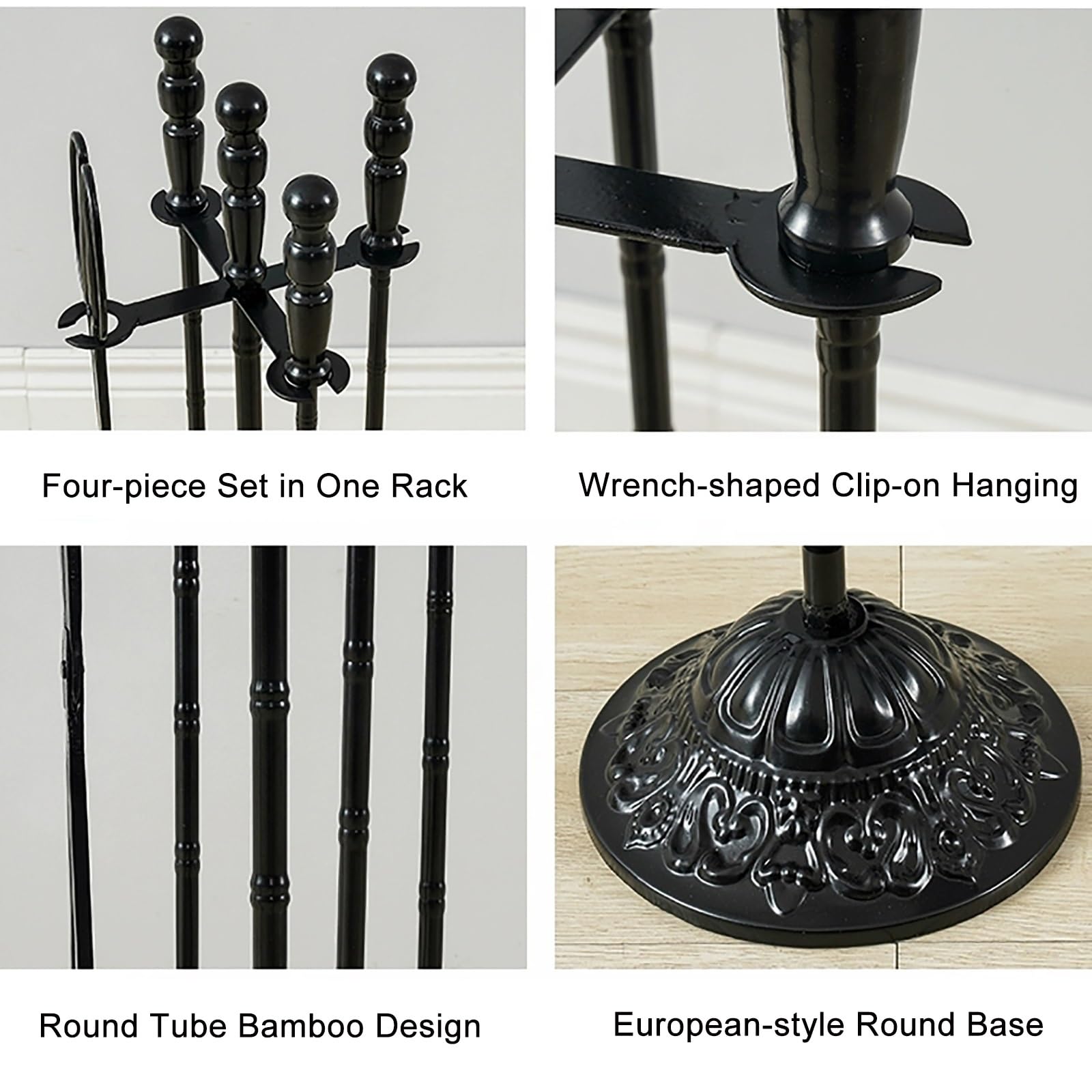 Juego de 5 piezas de herramientas para chimenea de hierro fundido con escoba, pala, base, pinza y póquer, juego de accesorios para estufa de carbón para estufa de carbón para interiores y